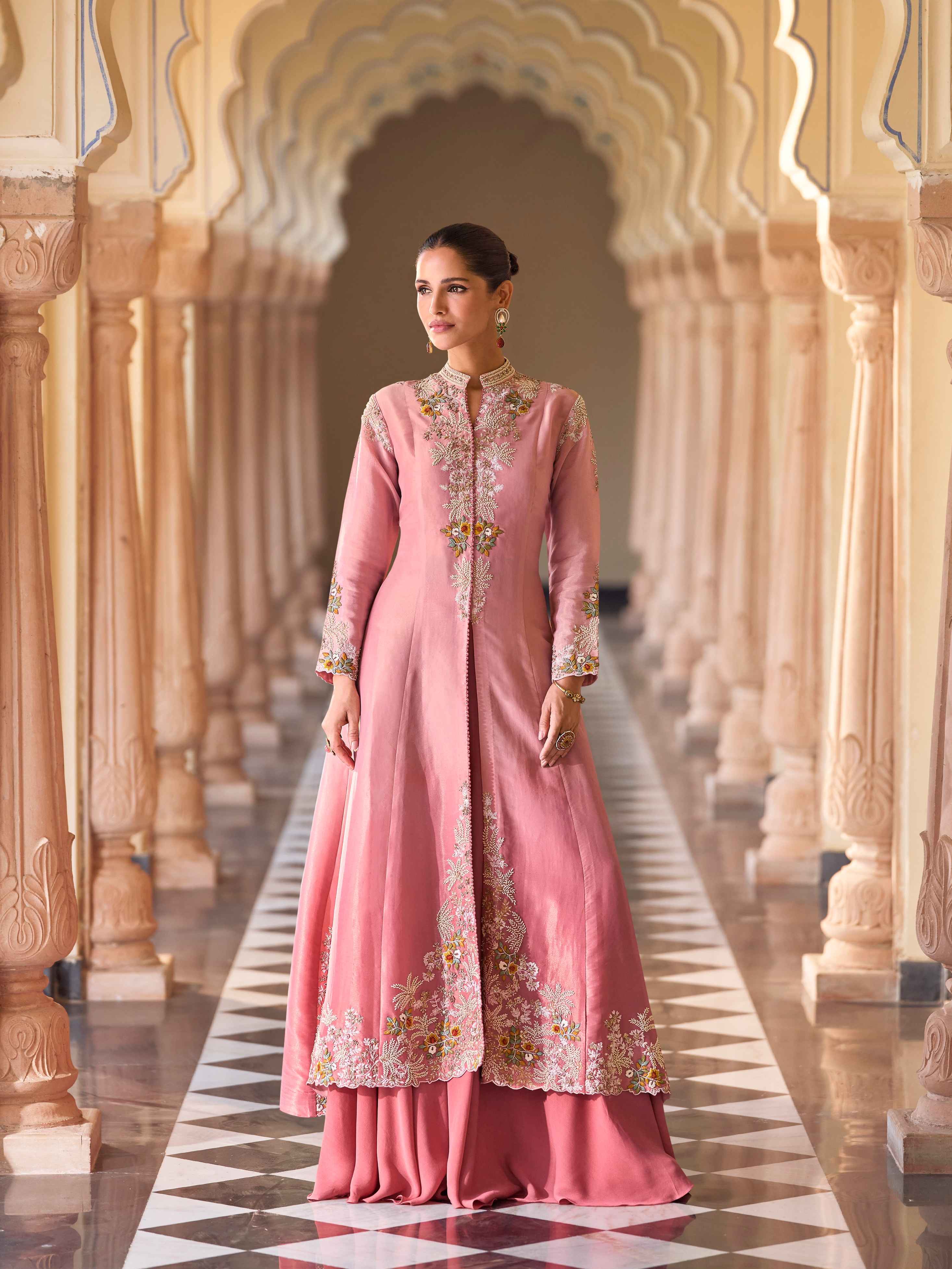 Pastel Pink Long Embroidered Shrug Palazzo Suit