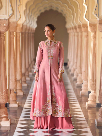 Pastel Pink Long Embroidered Shrug Palazzo Suit Palazzo Set Anant Tex Exports Pvt.Ltd..