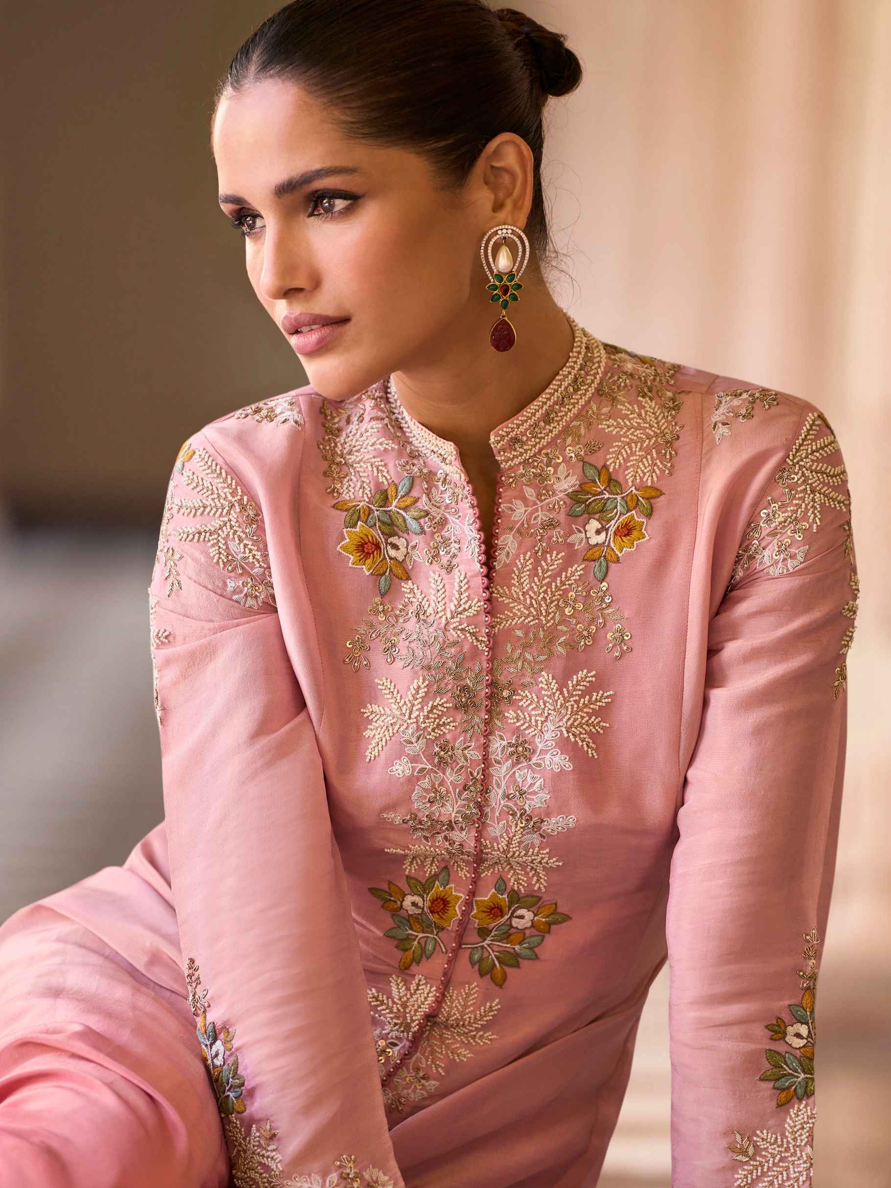 Pastel Pink Long Embroidered Shrug Palazzo Suit
