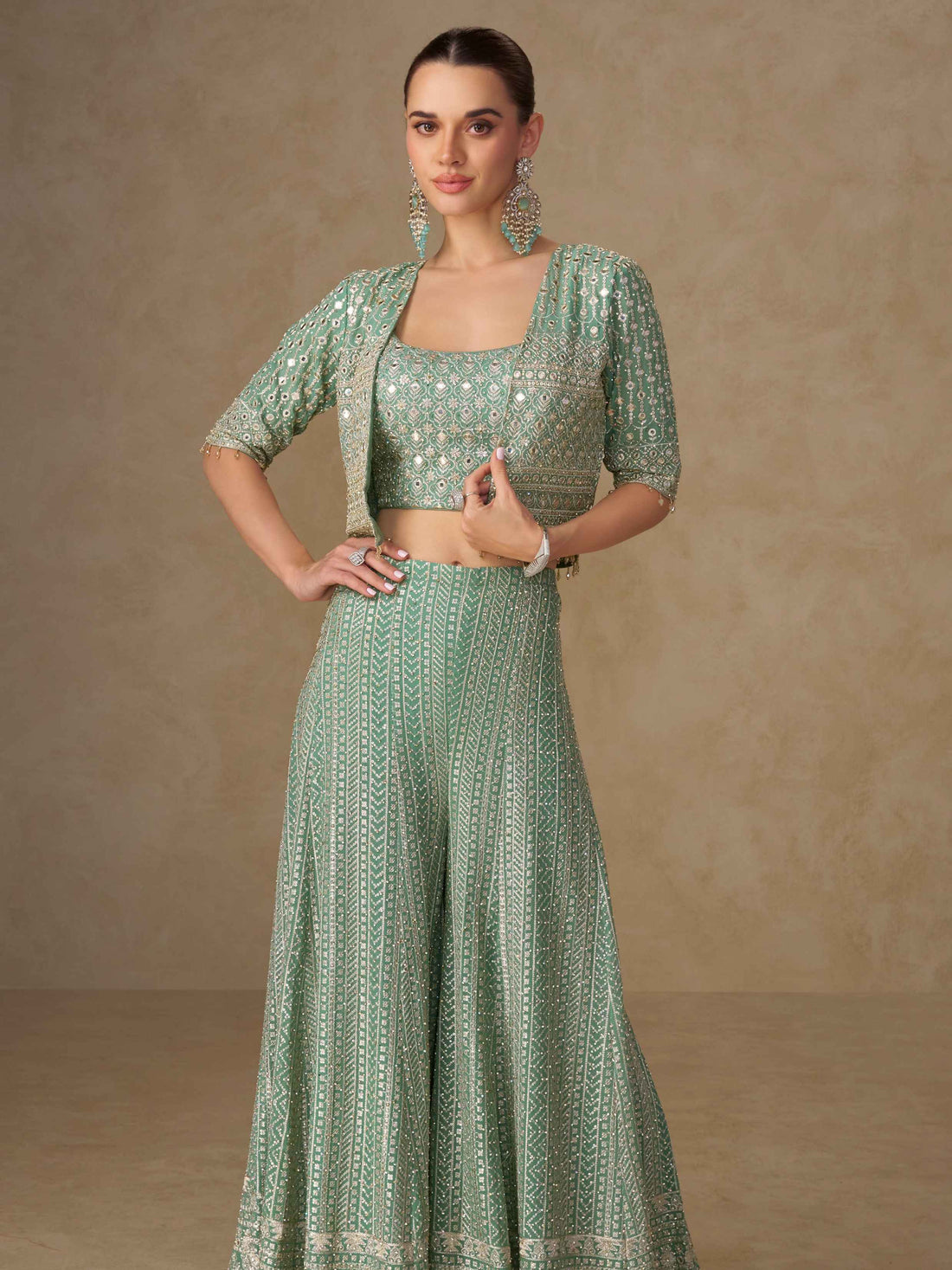Mint Green Georgette Embroidered Palazzo Set Palazzo Jacket Set Anant Tex Exports Pvt.Ltd..