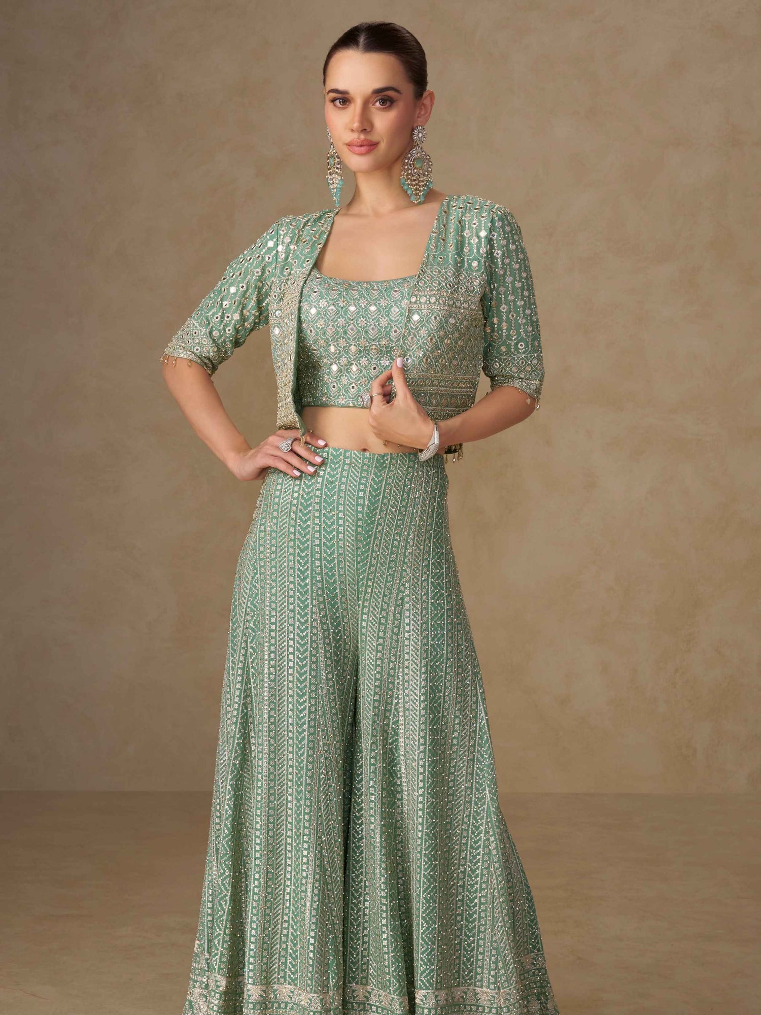 Mint Green Georgette Embroidered Palazzo Set Palazzo Jacket Set Anant Tex Exports Pvt.Ltd..
