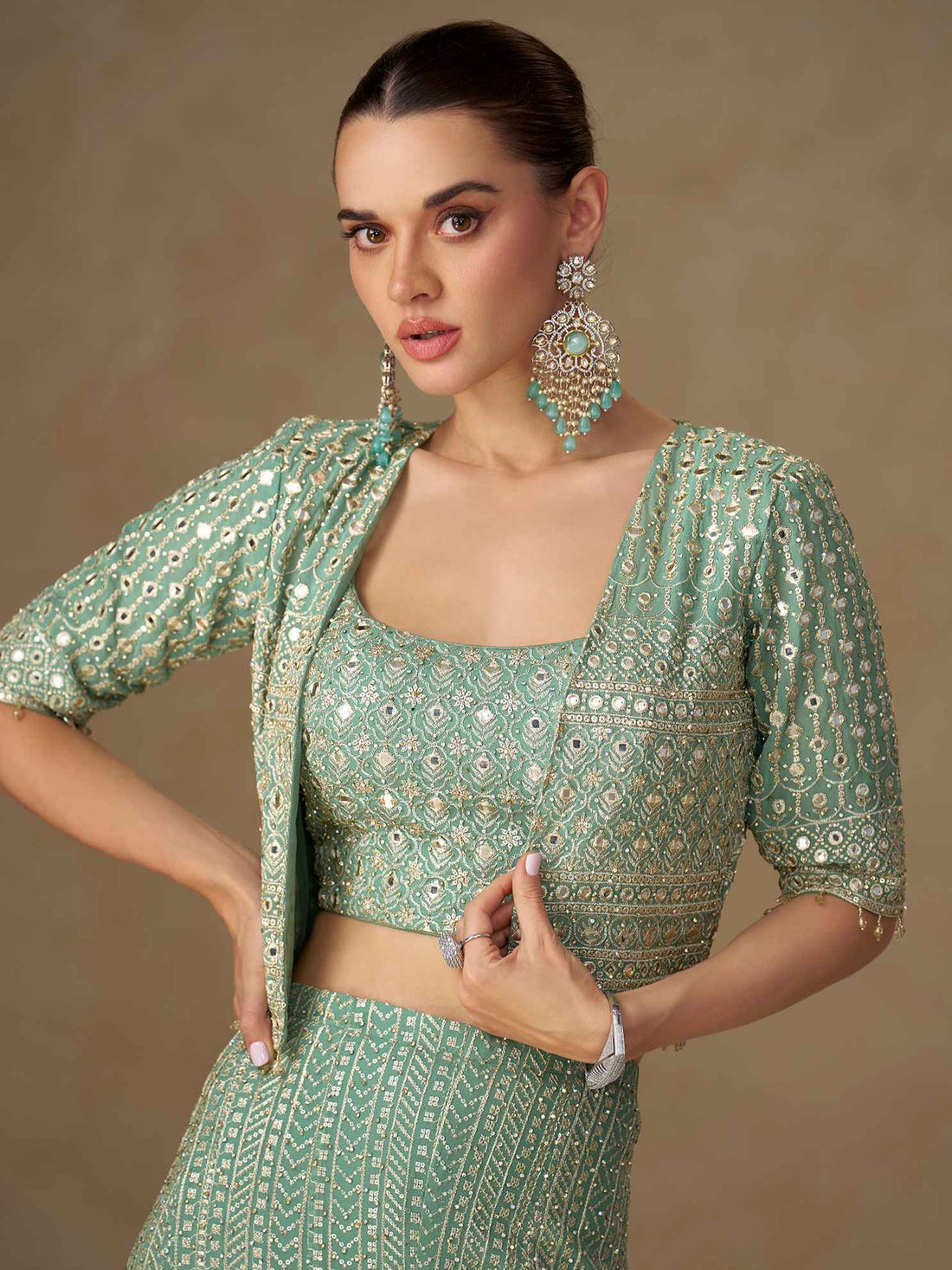 Mint Green Georgette Embroidered Palazzo Set Palazzo Jacket Set Anant Tex Exports Pvt.Ltd..