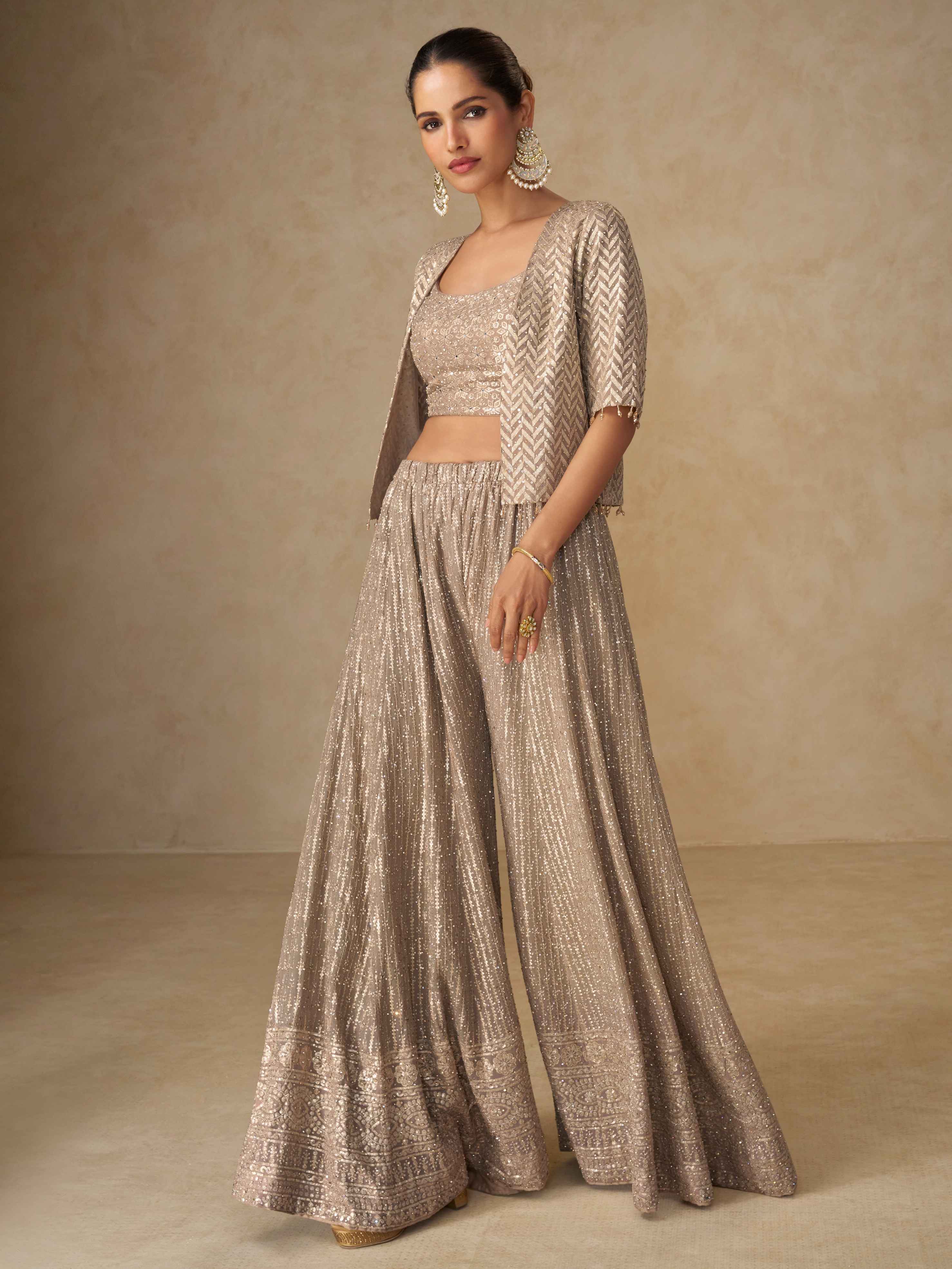 Champagne Gold Georgette Heavy Embroidered Palazzo Suit