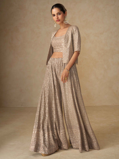 Champagne Gold Georgette Heavy Embroidered Palazzo Suit Palazzo Jacket Set Anant Tex Exports Pvt.Ltd..