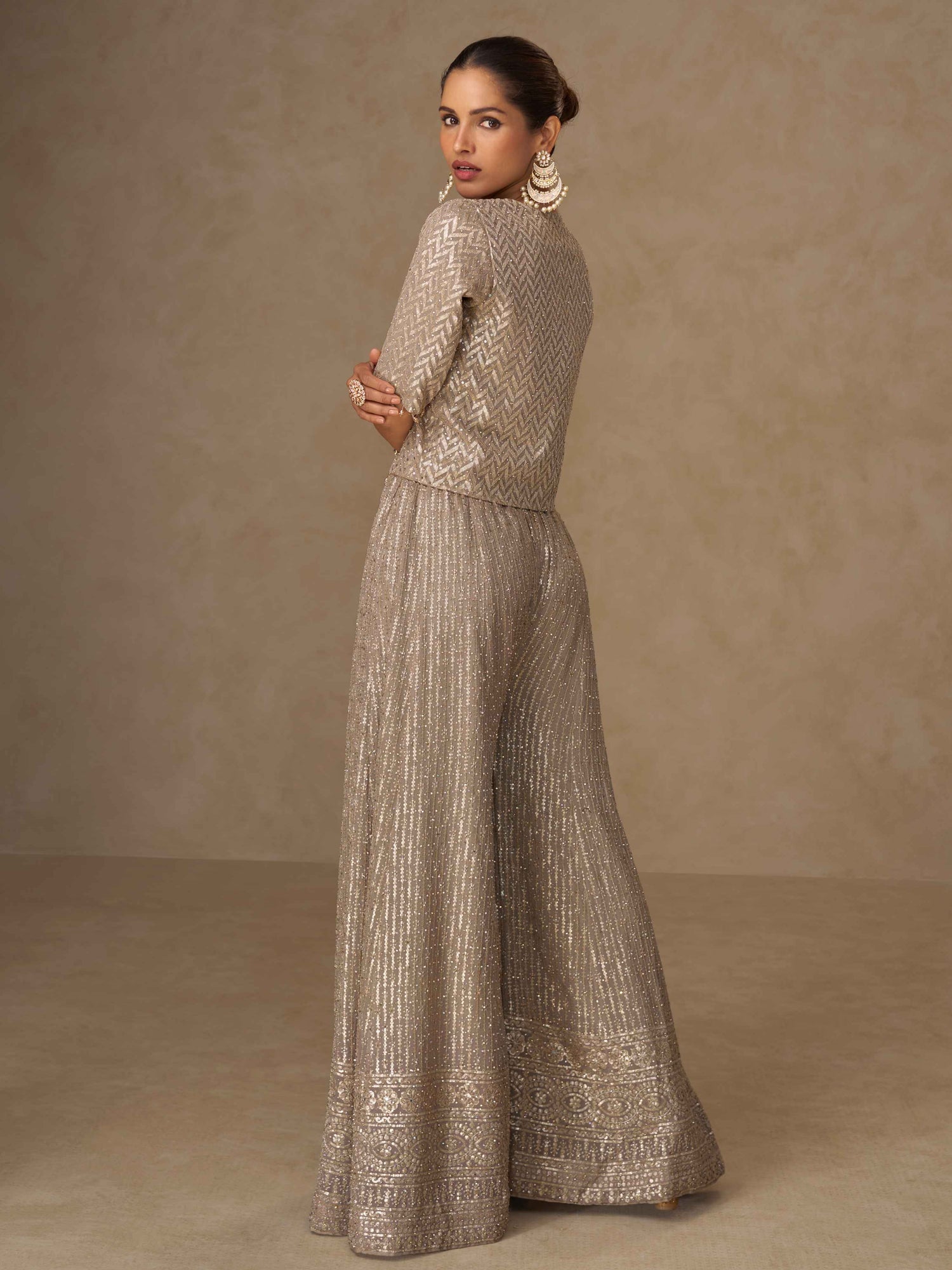 Champagne Gold Georgette Heavy Embroidered Palazzo Suit Palazzo Jacket Set Anant Tex Exports Pvt.Ltd..