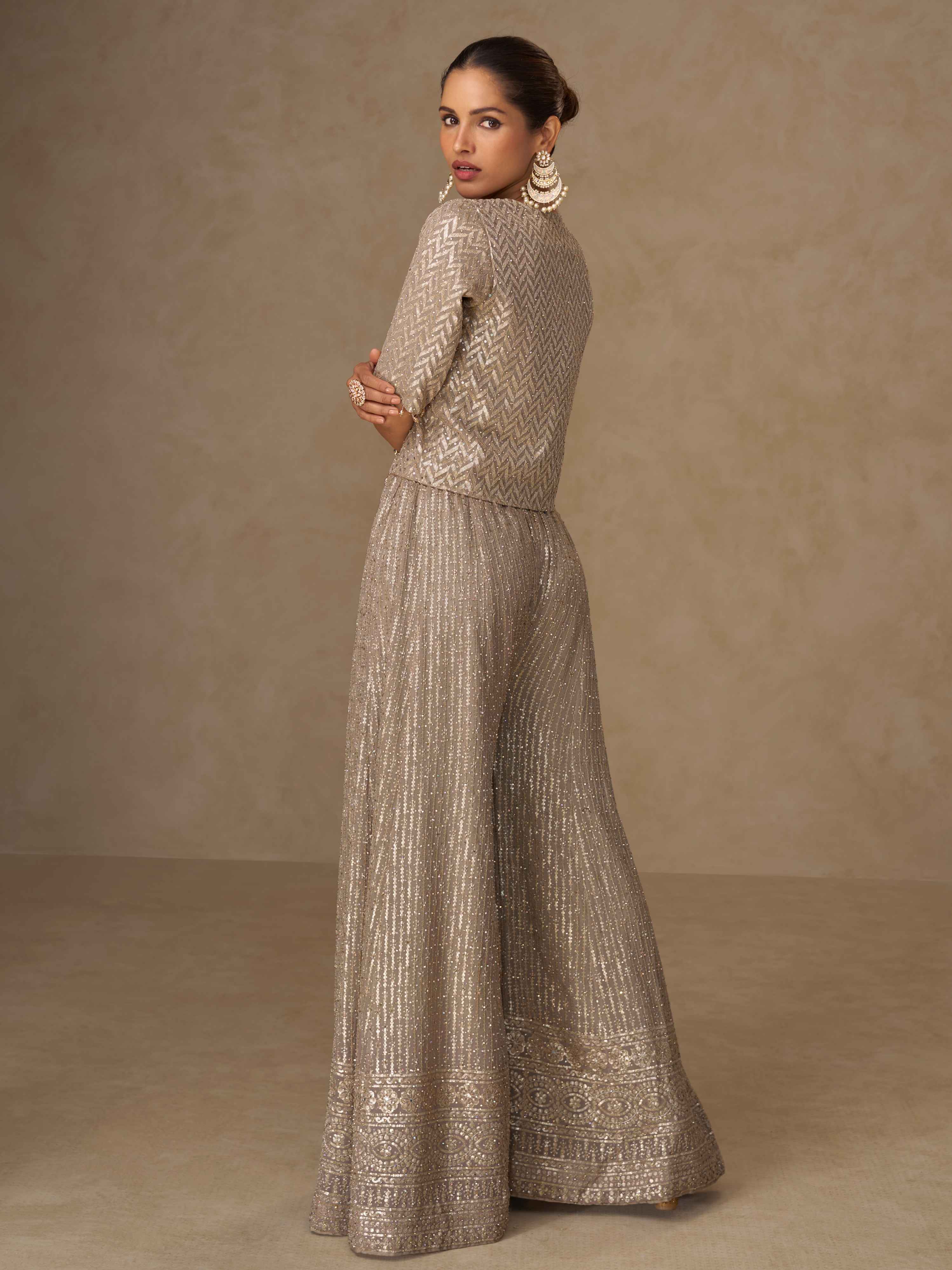 Champagne Gold Georgette Heavy Embroidered Palazzo Suit Palazzo Jacket Set Anant Tex Exports Pvt.Ltd..