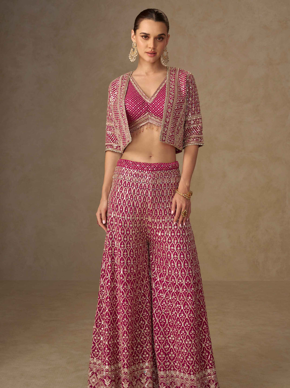 Pink Georgette Embellished Palazzo Set with Designer Blouse Palazzo Jacket Set Anant Tex Exports Pvt.Ltd..