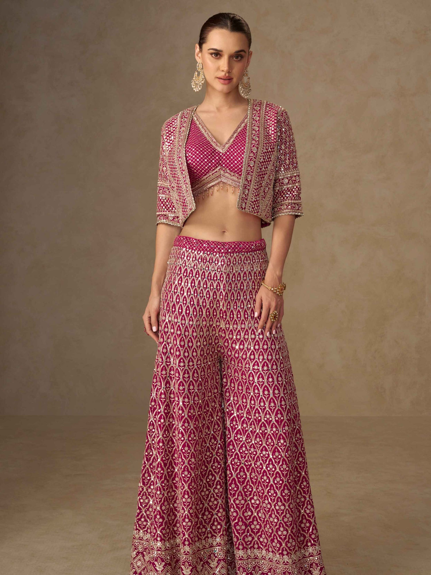 Pink Georgette Embellished Palazzo Set with Designer Blouse Palazzo Jacket Set Anant Tex Exports Pvt.Ltd..
