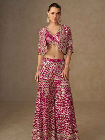 Pink Georgette Embellished Palazzo Set with Designer Blouse Palazzo Jacket Set Anant Tex Exports Pvt.Ltd..