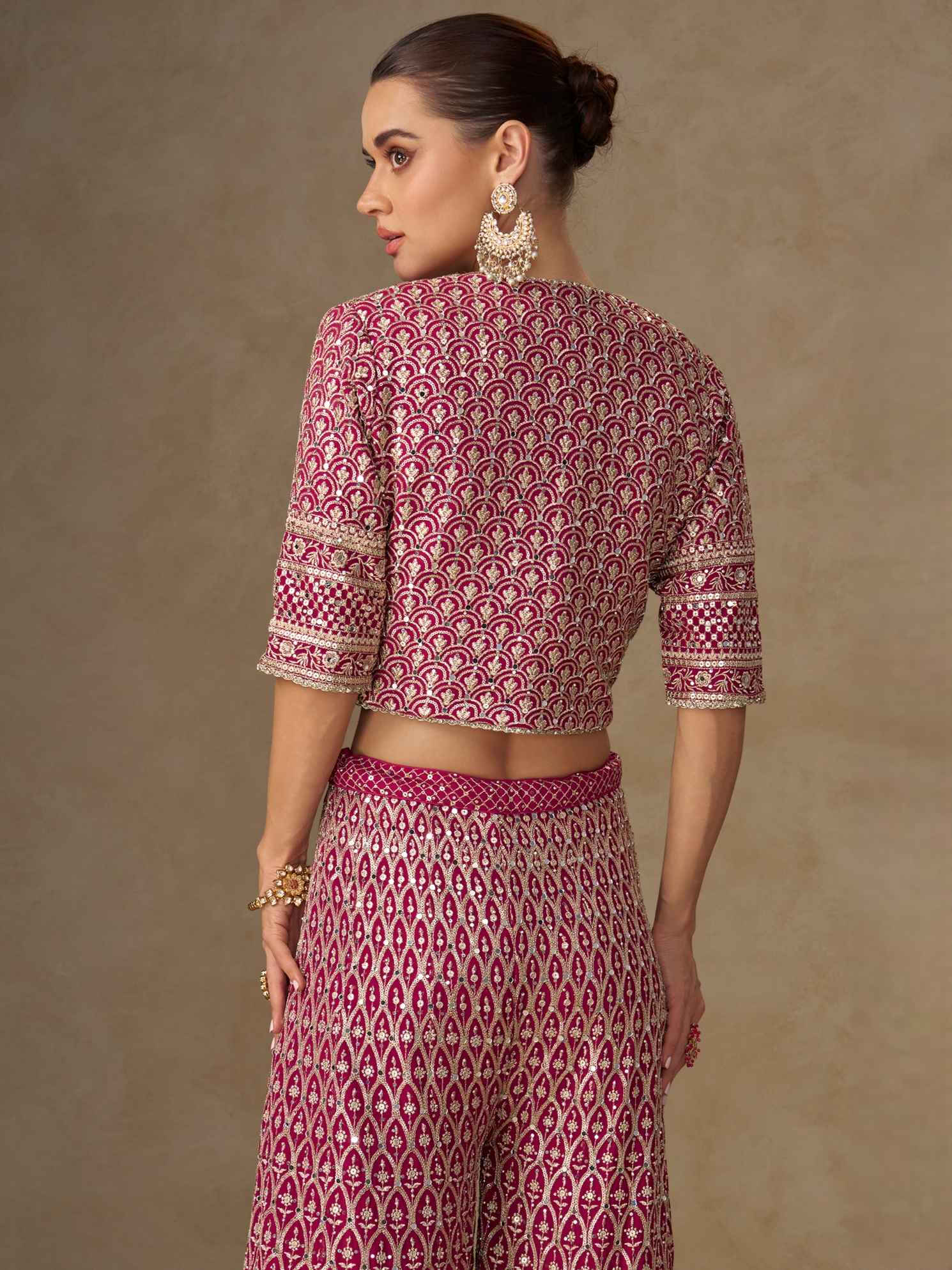 Pink Georgette Embellished Palazzo Set with Designer Blouse Palazzo Jacket Set Anant Tex Exports Pvt.Ltd..