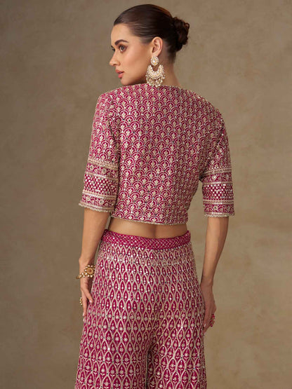 Pink Georgette Embellished Palazzo Set with Designer Blouse Palazzo Jacket Set Anant Tex Exports Pvt.Ltd..