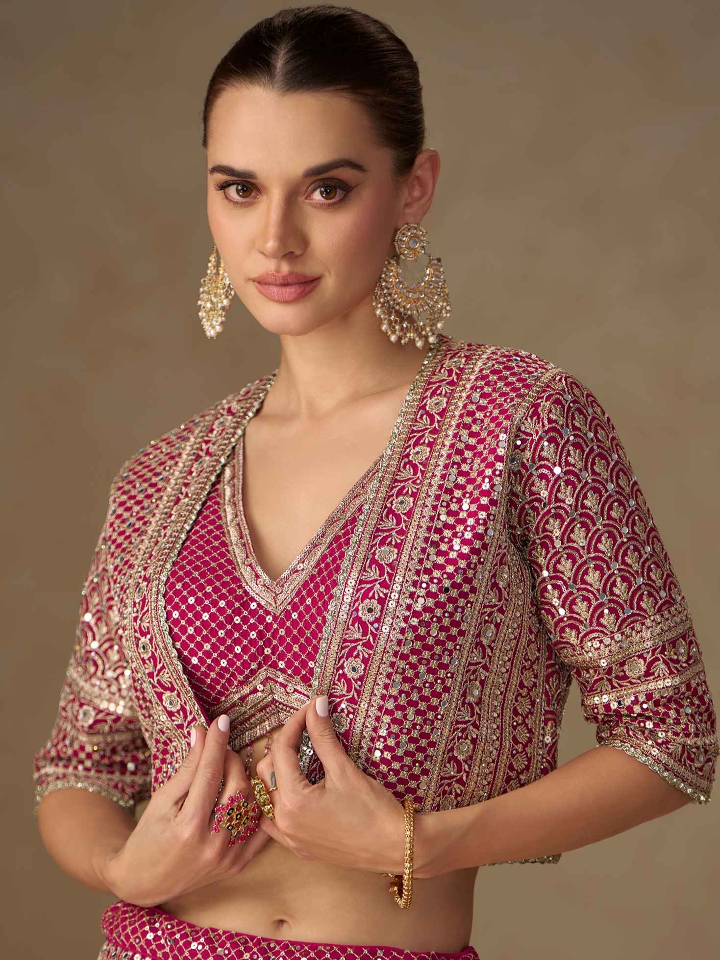 Pink Georgette Embellished Palazzo Set with Designer Blouse