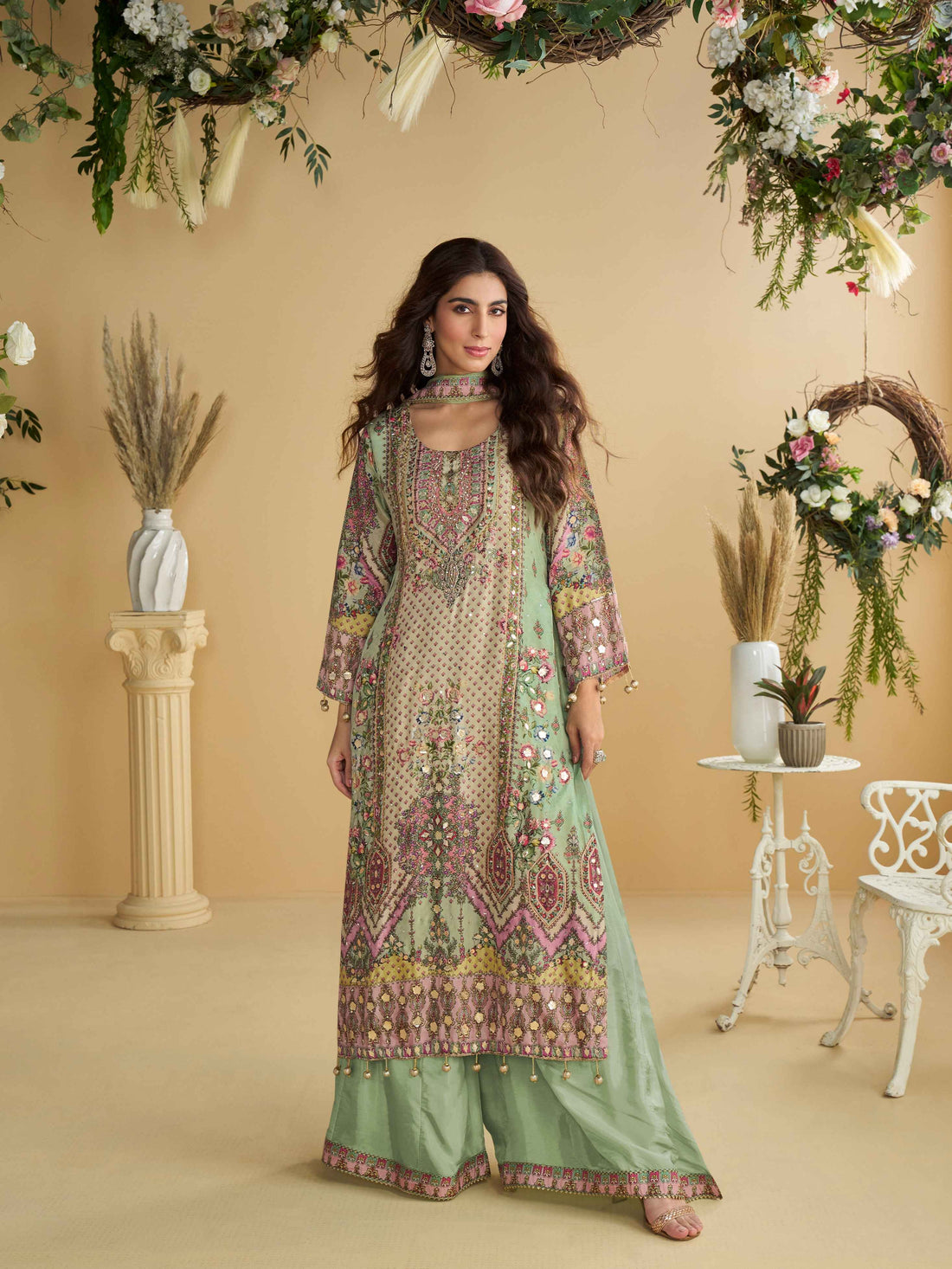 Mint Green Printed Crepe Silk Palazzo Suit with Hand Aari &amp; Gota Work Palazzo Suit Anant Tex Exports Pvt.Ltd..