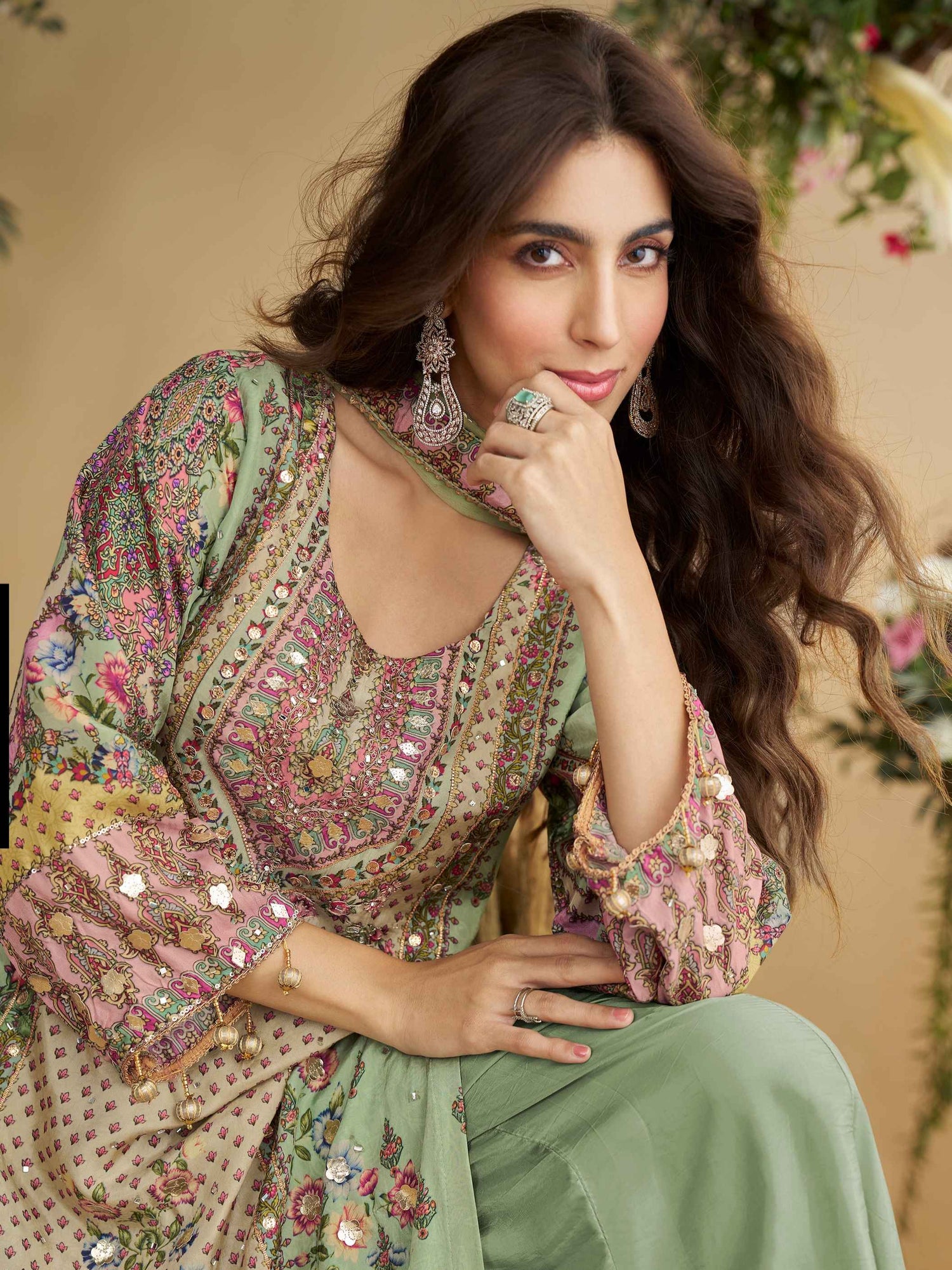 Mint Green Printed Crepe Silk Palazzo Suit with Hand Aari &amp; Gota Work Palazzo Suit Anant Tex Exports Pvt.Ltd..
