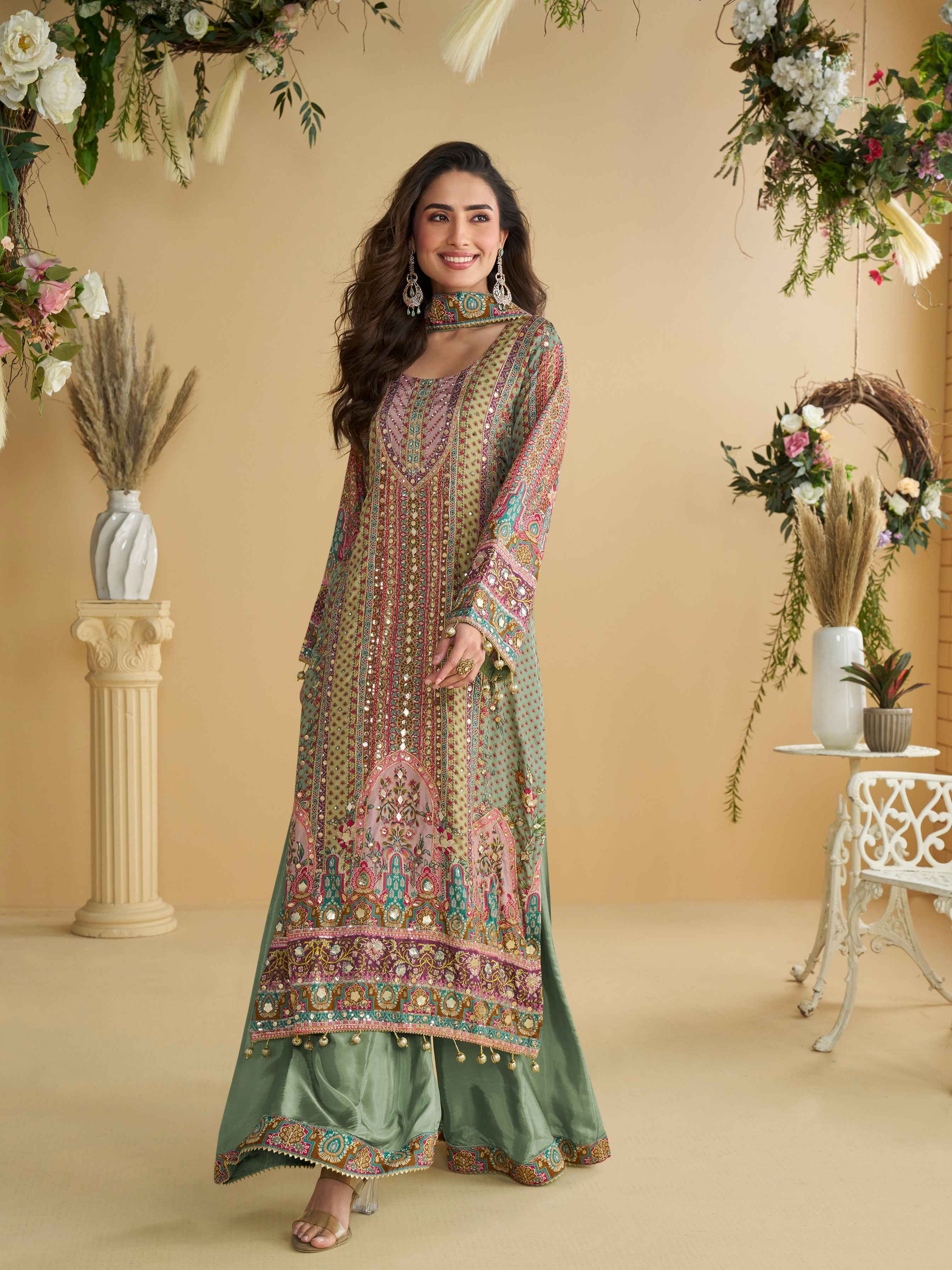 Pastel Green Multi-Printed Crepe Silk Palazzo Suit