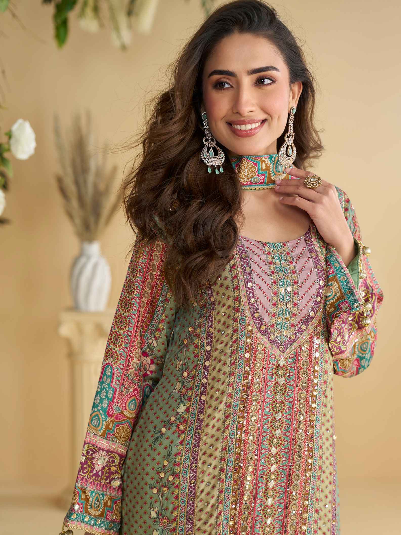 Pastel Green Multi-Printed Crepe Silk Palazzo Suit