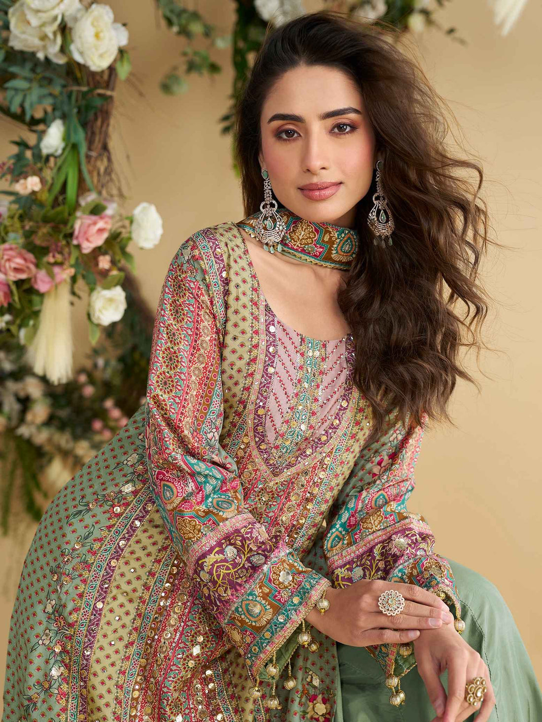Pastel Green Multi-Printed Crepe Silk Palazzo Suit Palazzo Suit Anant Tex Exports Pvt.Ltd..