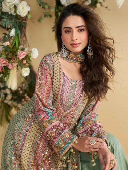 Pastel Green Multi-Printed Crepe Silk Palazzo Suit Palazzo Suit Anant Tex Exports Pvt.Ltd..