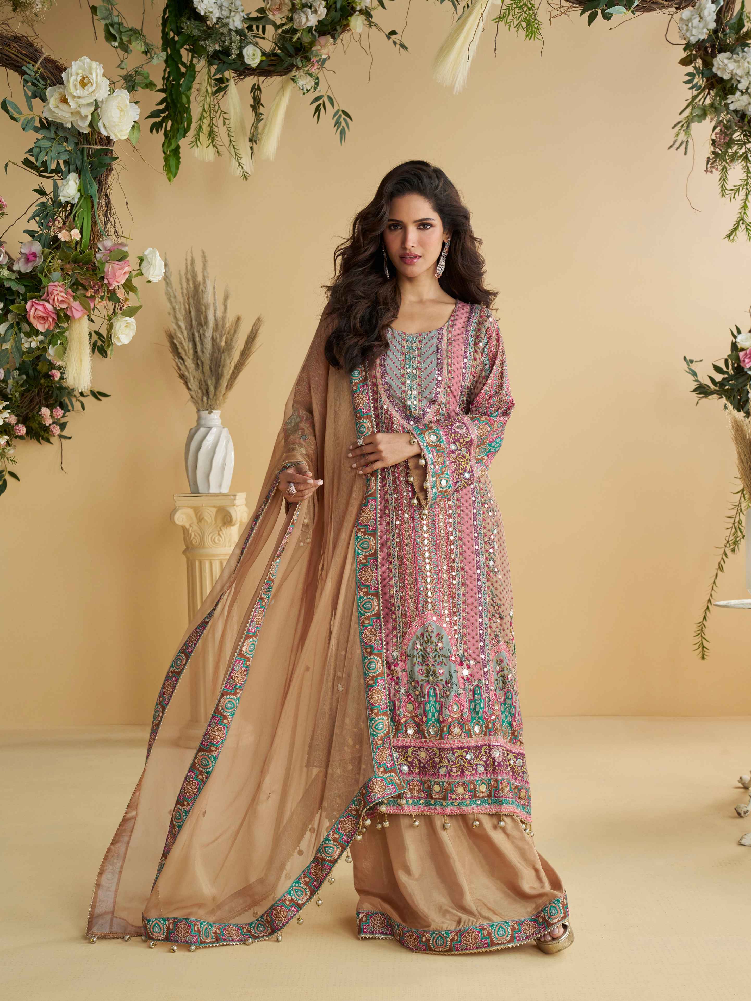 Peach-Beige Printed Crepe Silk Palazzo Suit with Gota Patti Work