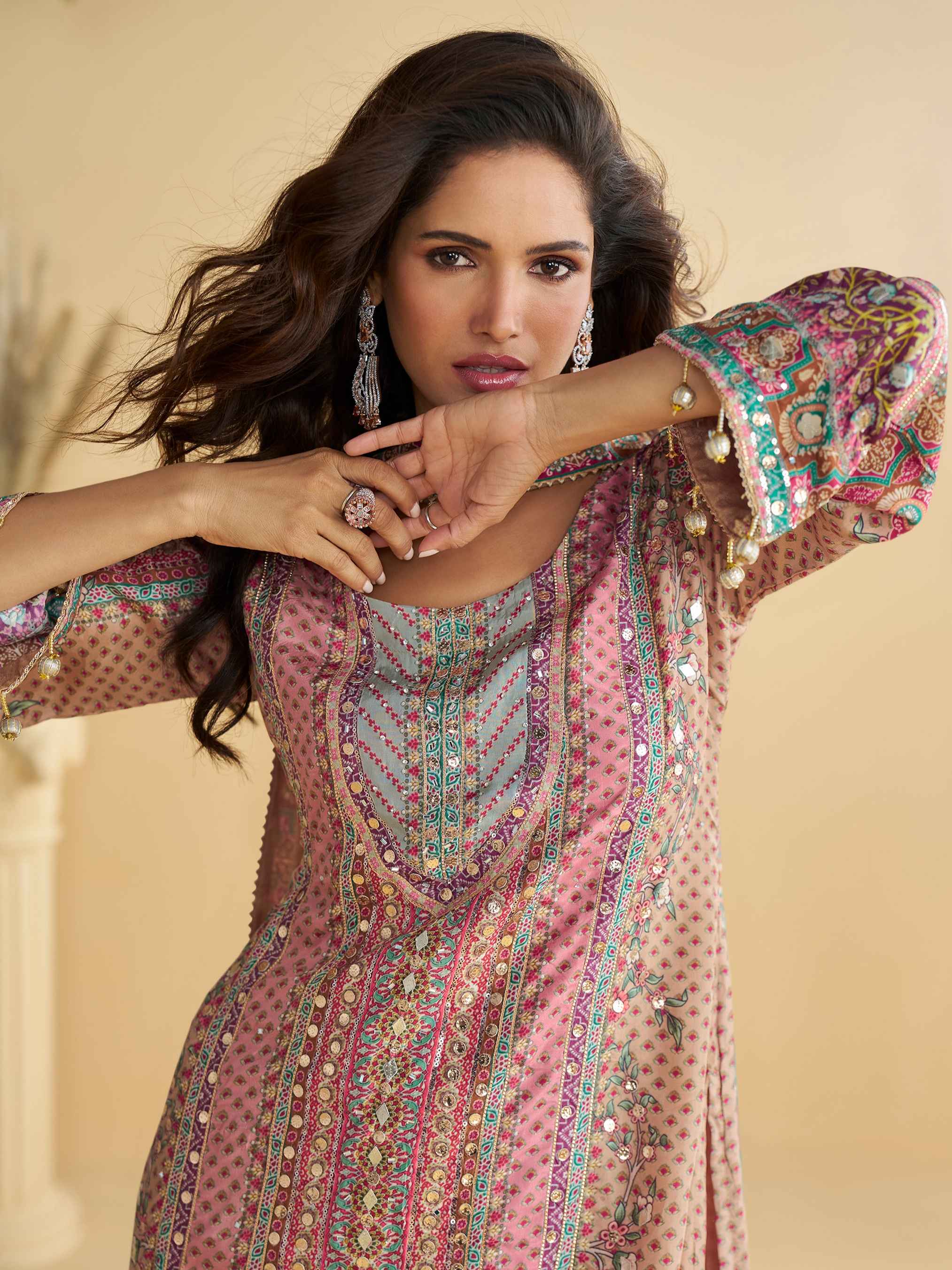 Peach-Beige Printed Crepe Silk Palazzo Suit with Gota Patti Work