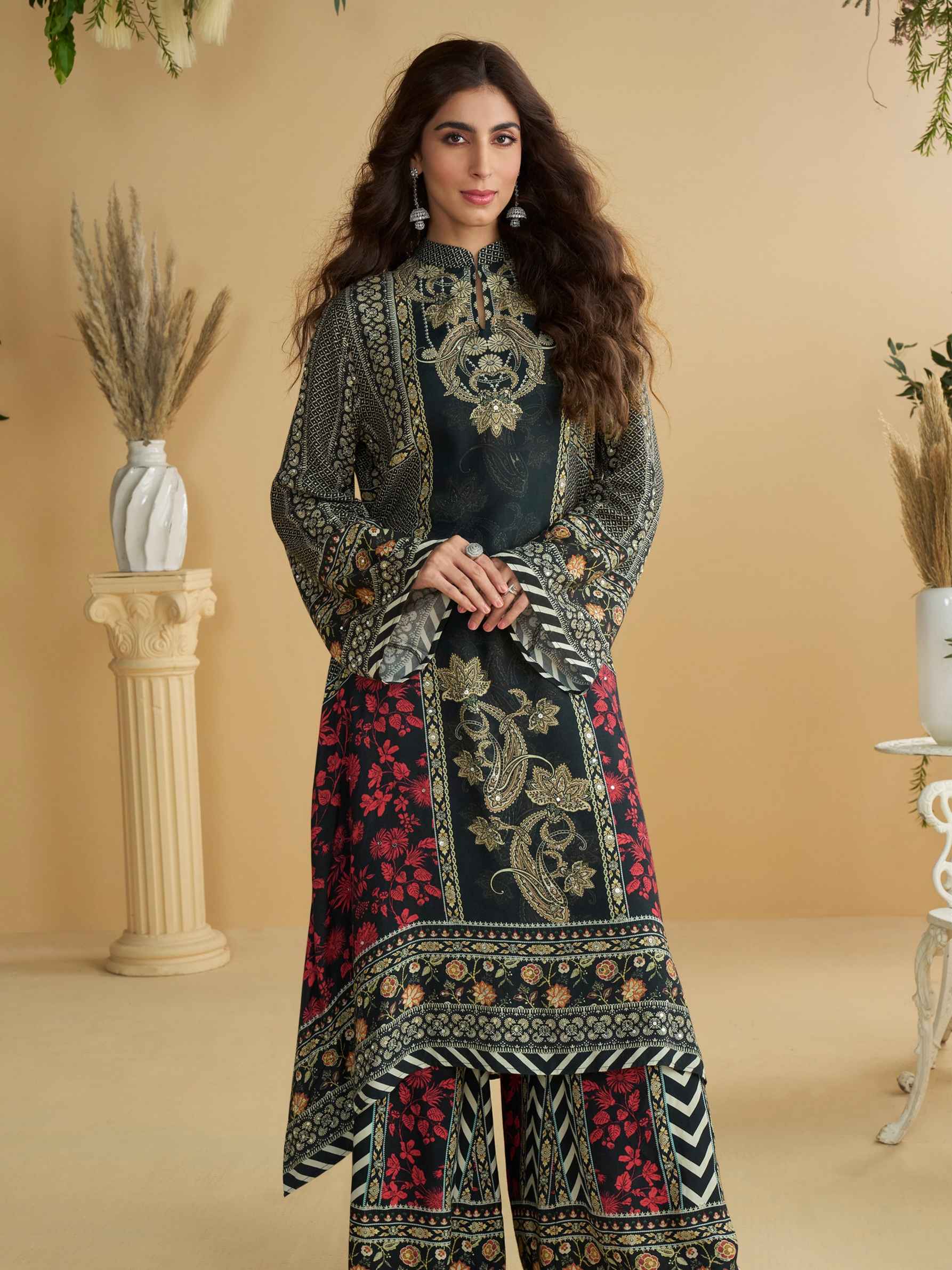 Black & Red Natural Crepe Silk Palazzo Suit with Aari & Gota Work