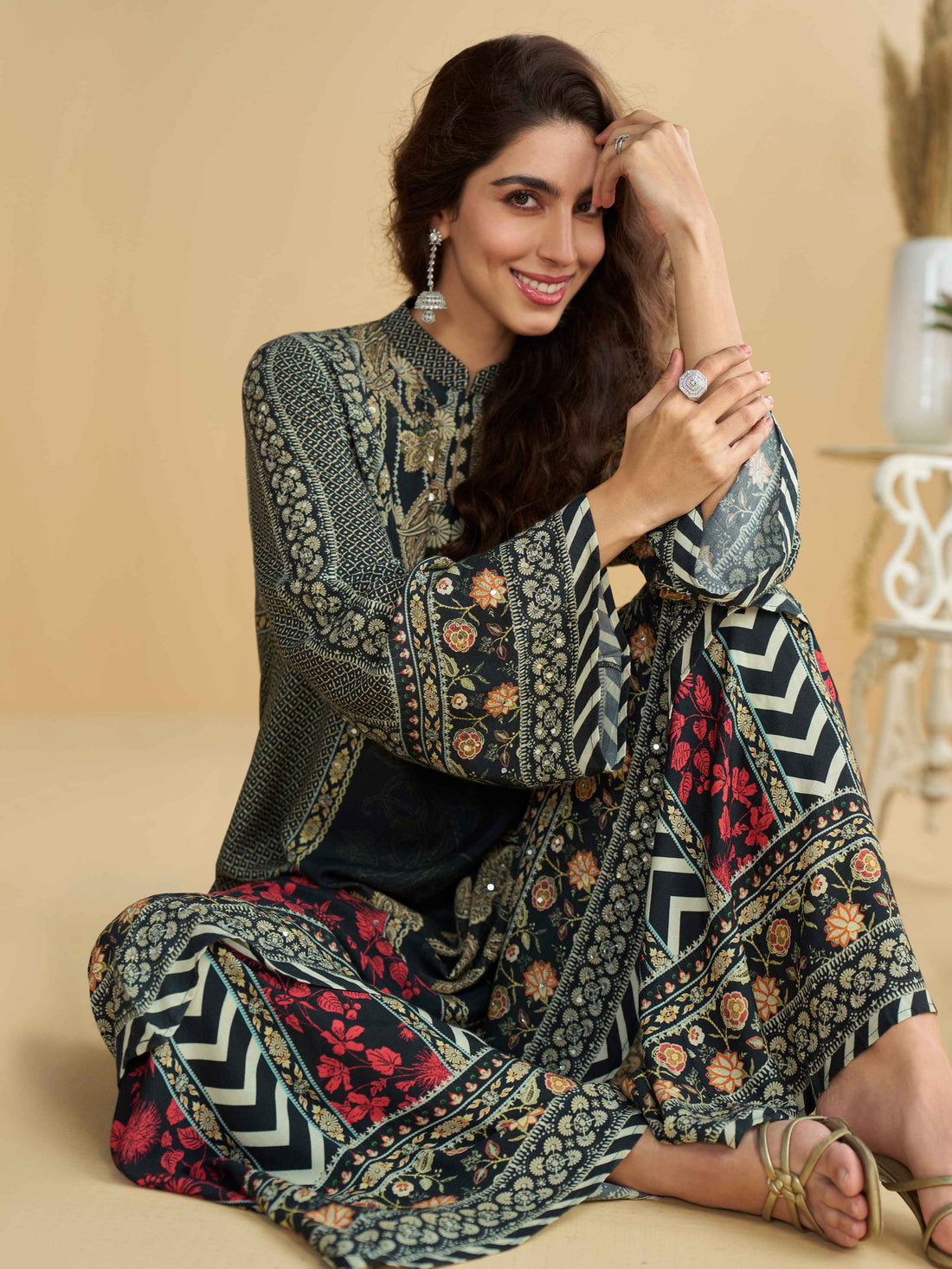 Black &amp; Red Natural Crepe Silk Palazzo Suit with Aari &amp; Gota Work Palazzo Suit Anant Tex Exports Pvt.Ltd..