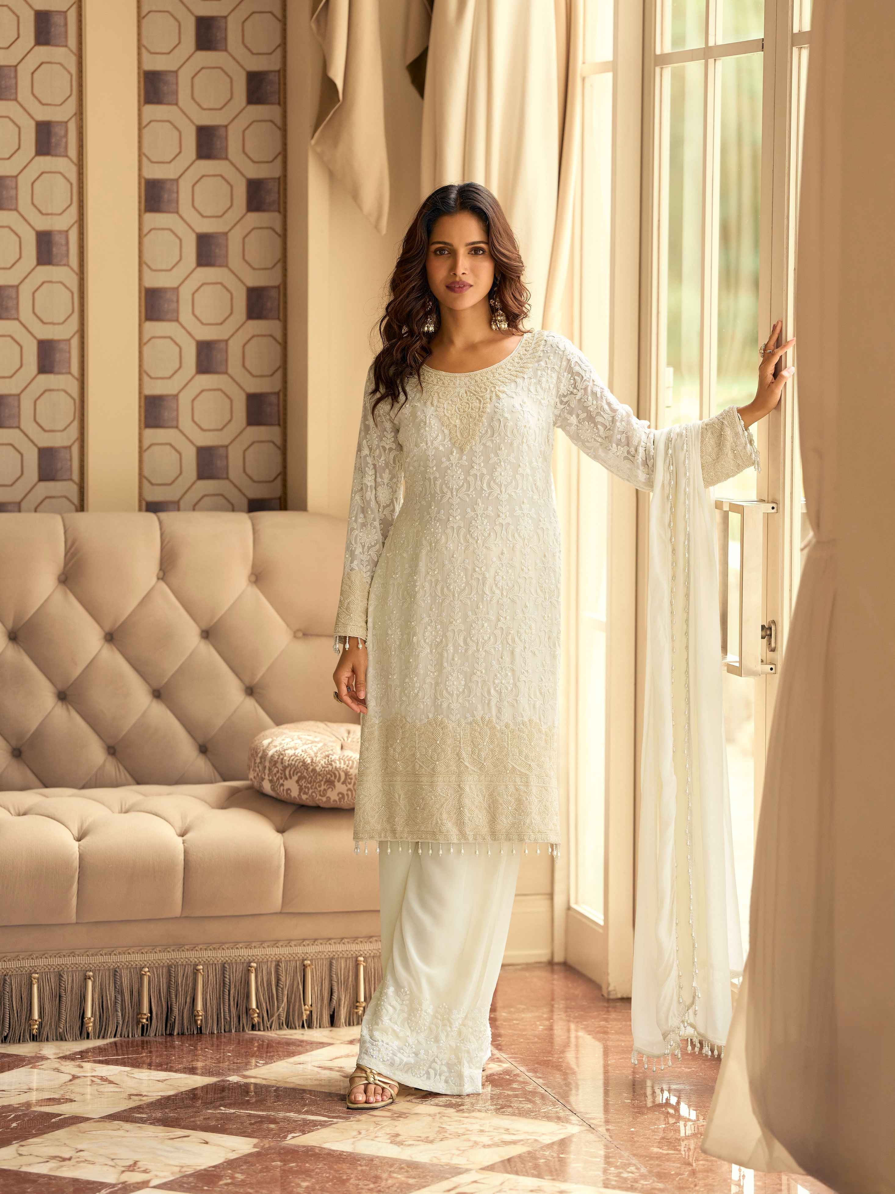 Off-White Premium Embroidered Georgette Palazzo Suit Set