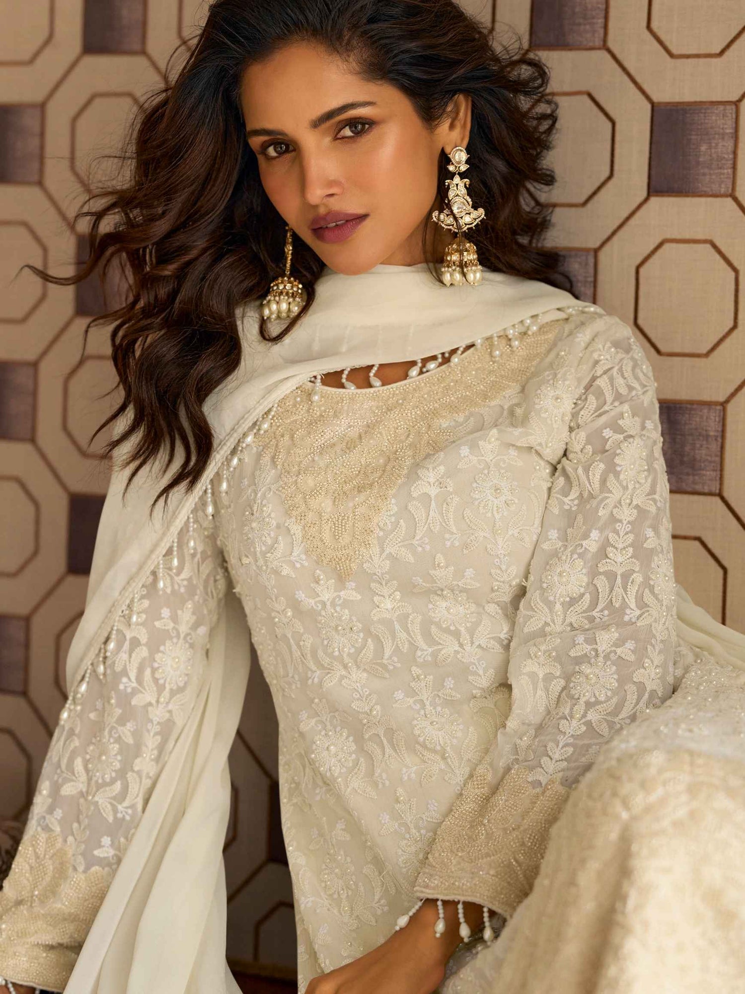 Off-White Premium Embroidered Georgette Palazzo Suit Set Palazzo Suit Anant Tex Exports Pvt.Ltd..