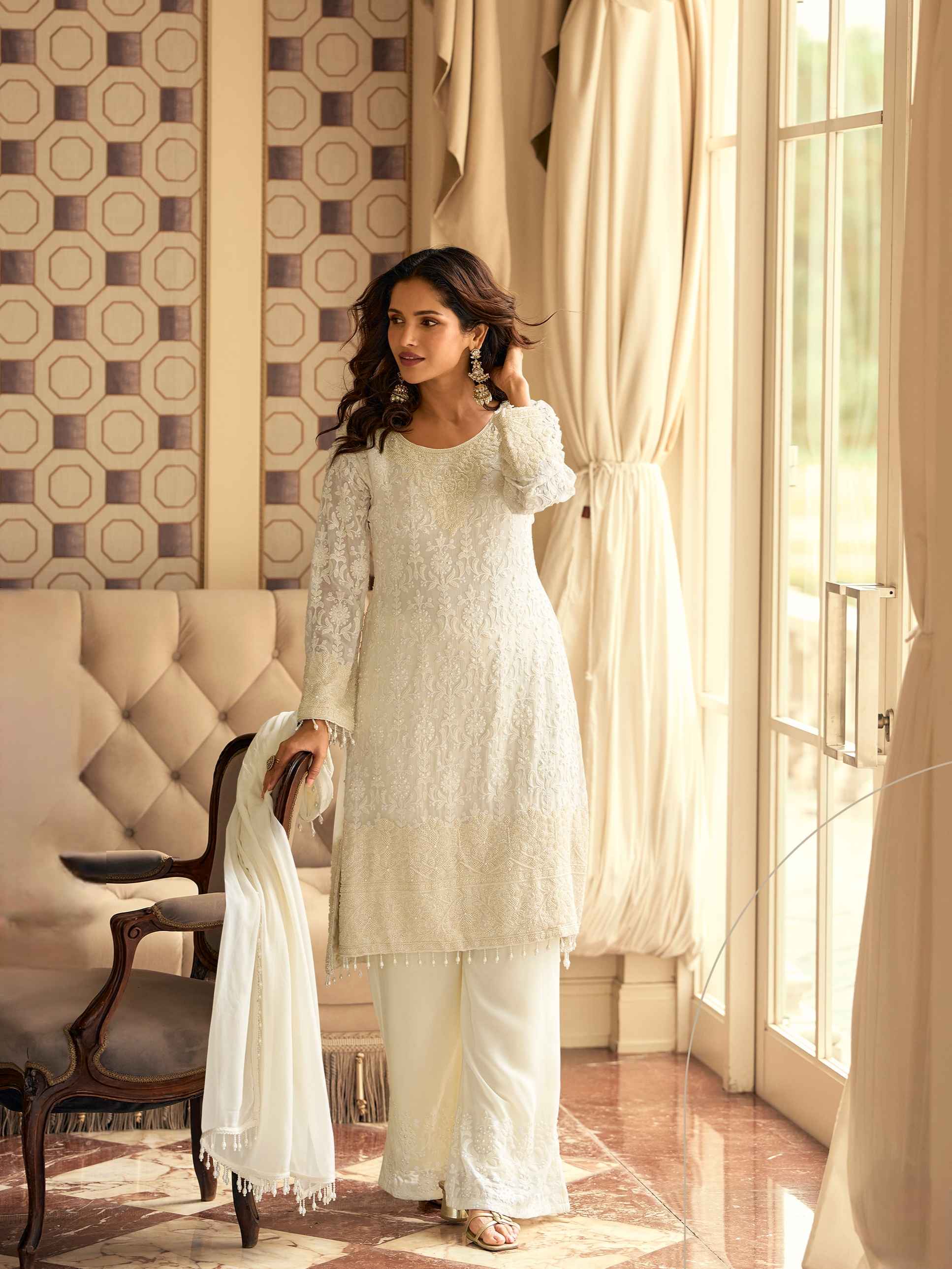 Off-White Premium Embroidered Georgette Palazzo Suit Set