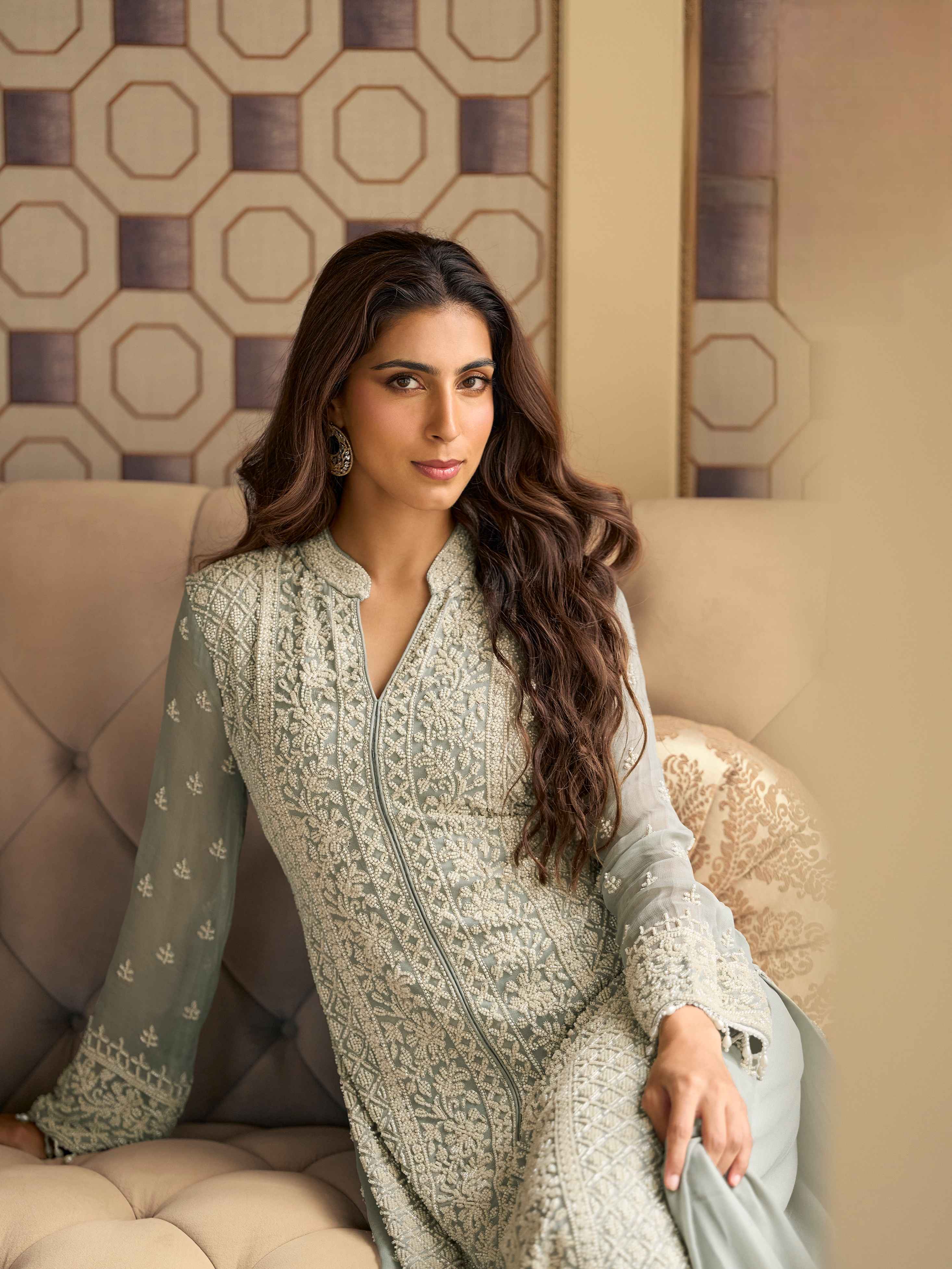 Ice Grey Heavy Work Georgette Palazzo Suit with Designer Dupatta