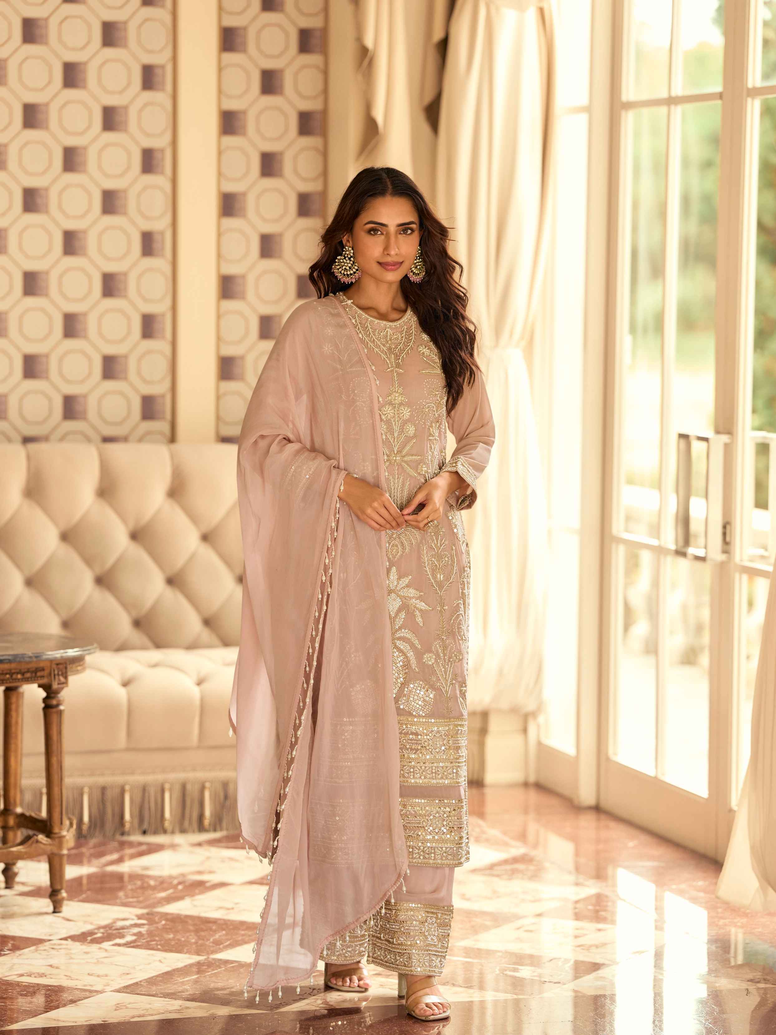 Blush Pink Heavy Embroidered Georgette Palazzo Suit with Dupatta Palazzo Suit Anant Tex Exports Pvt.Ltd..