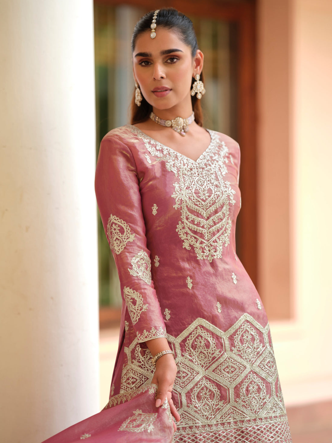 Mauve Premium Tora Silk Embroidered Palazzo Suit with Dupatta Palazzo Suit Anant Tex Exports Pvt.Ltd..