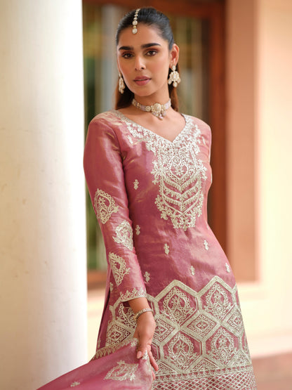 Mauve Premium Tora Silk Embroidered Palazzo Suit with Dupatta Palazzo Suit Anant Tex Exports Pvt.Ltd..