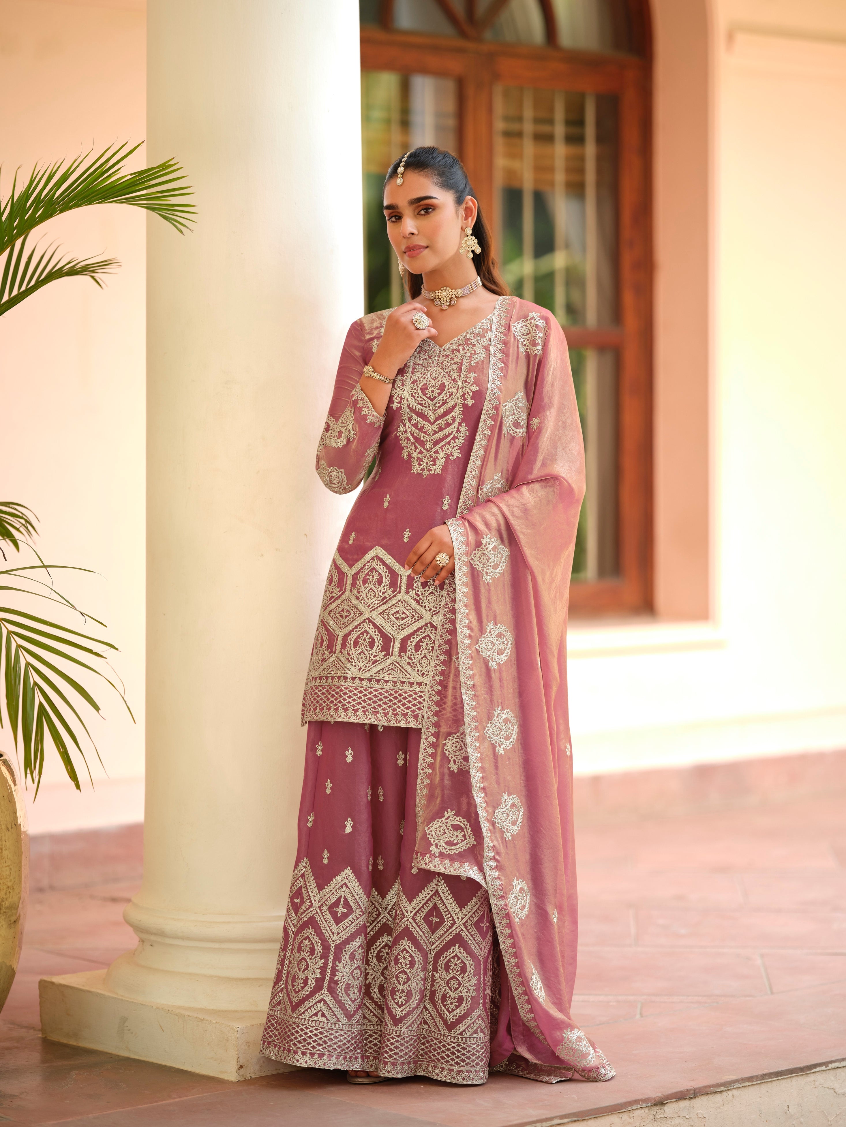 Mauve Premium Tora Silk Embroidered Palazzo Suit with Dupatta