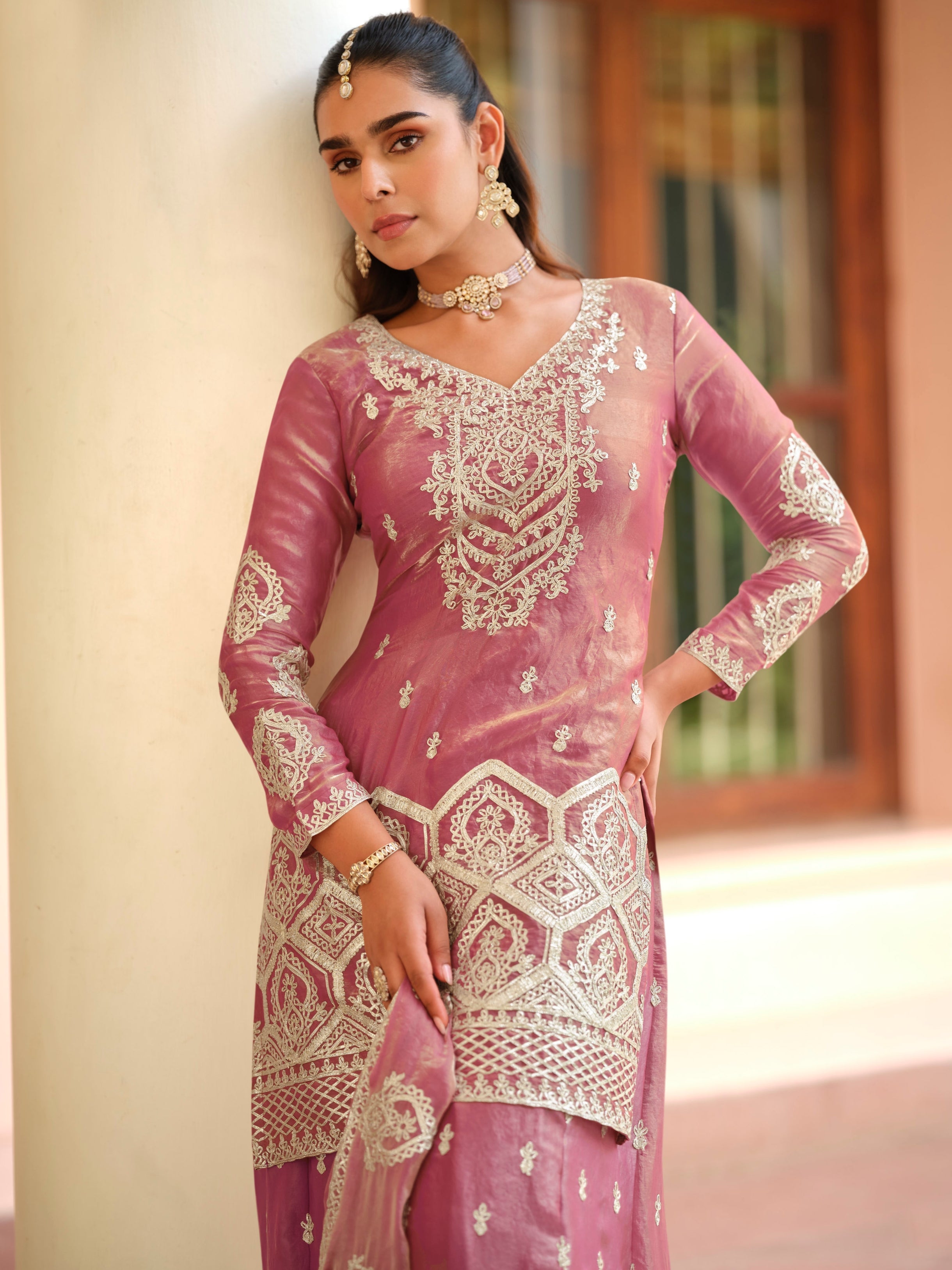 Mauve Premium Tora Silk Embroidered Palazzo Suit with Dupatta