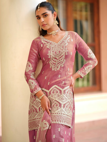 Mauve Premium Tora Silk Embroidered Palazzo Suit with Dupatta Palazzo Suit Anant Tex Exports Pvt.Ltd..