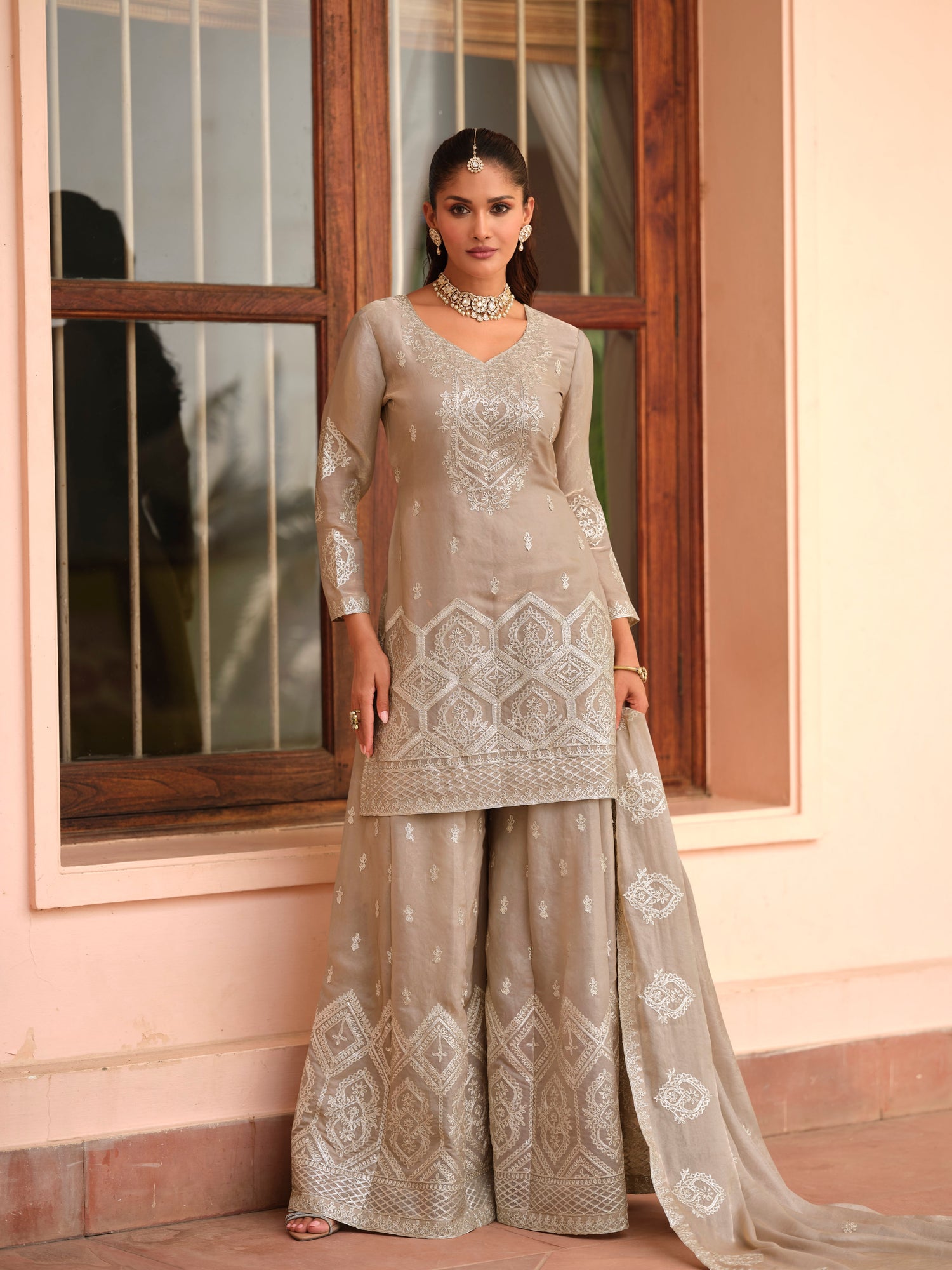Taupe Embroidered Premium Tora Silk Palazzo Suit with Dupatta Palazzo Suit Anant Tex Exports Pvt.Ltd..