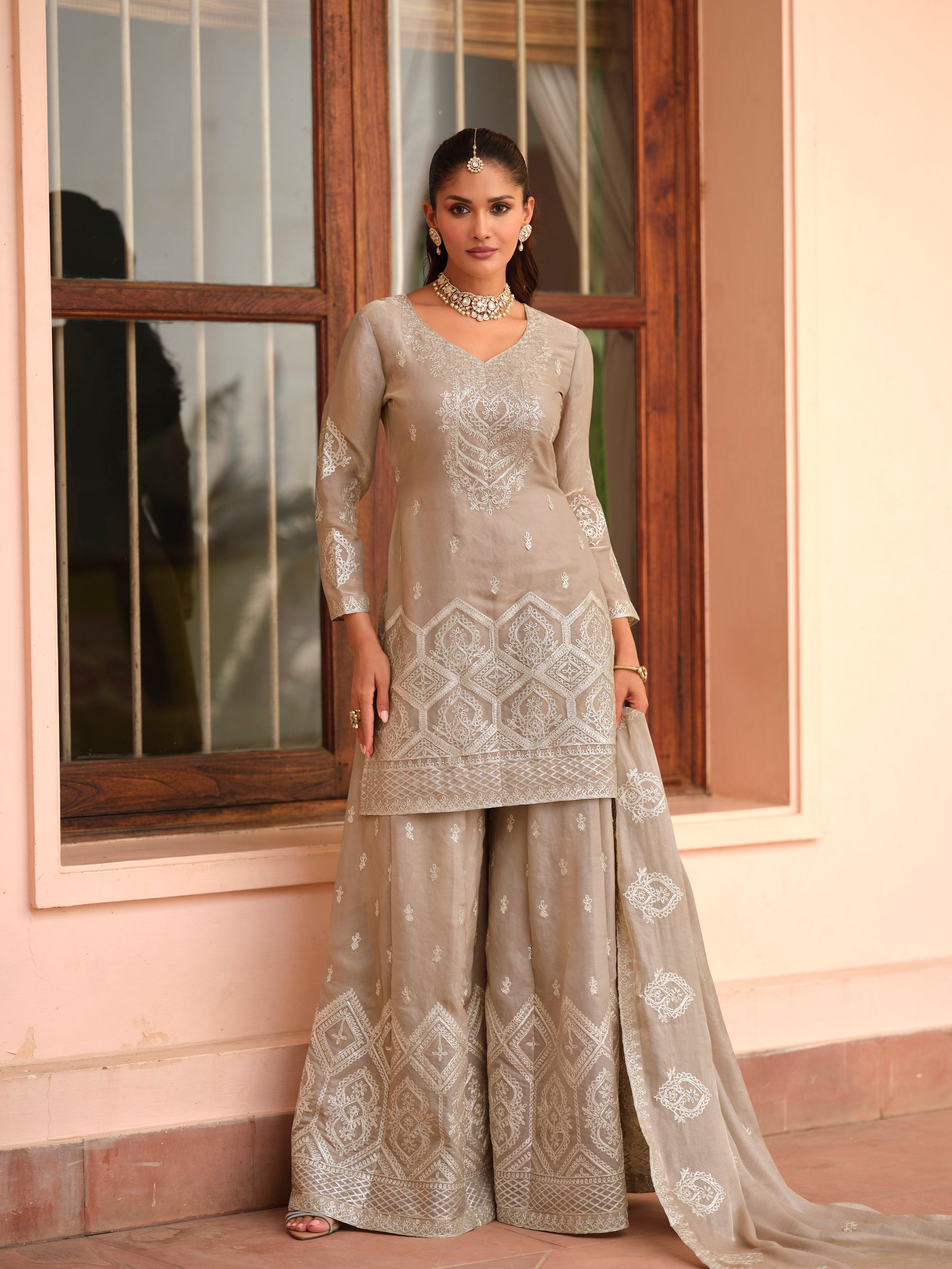 Taupe Embroidered Premium Tora Silk Palazzo Suit with Dupatta