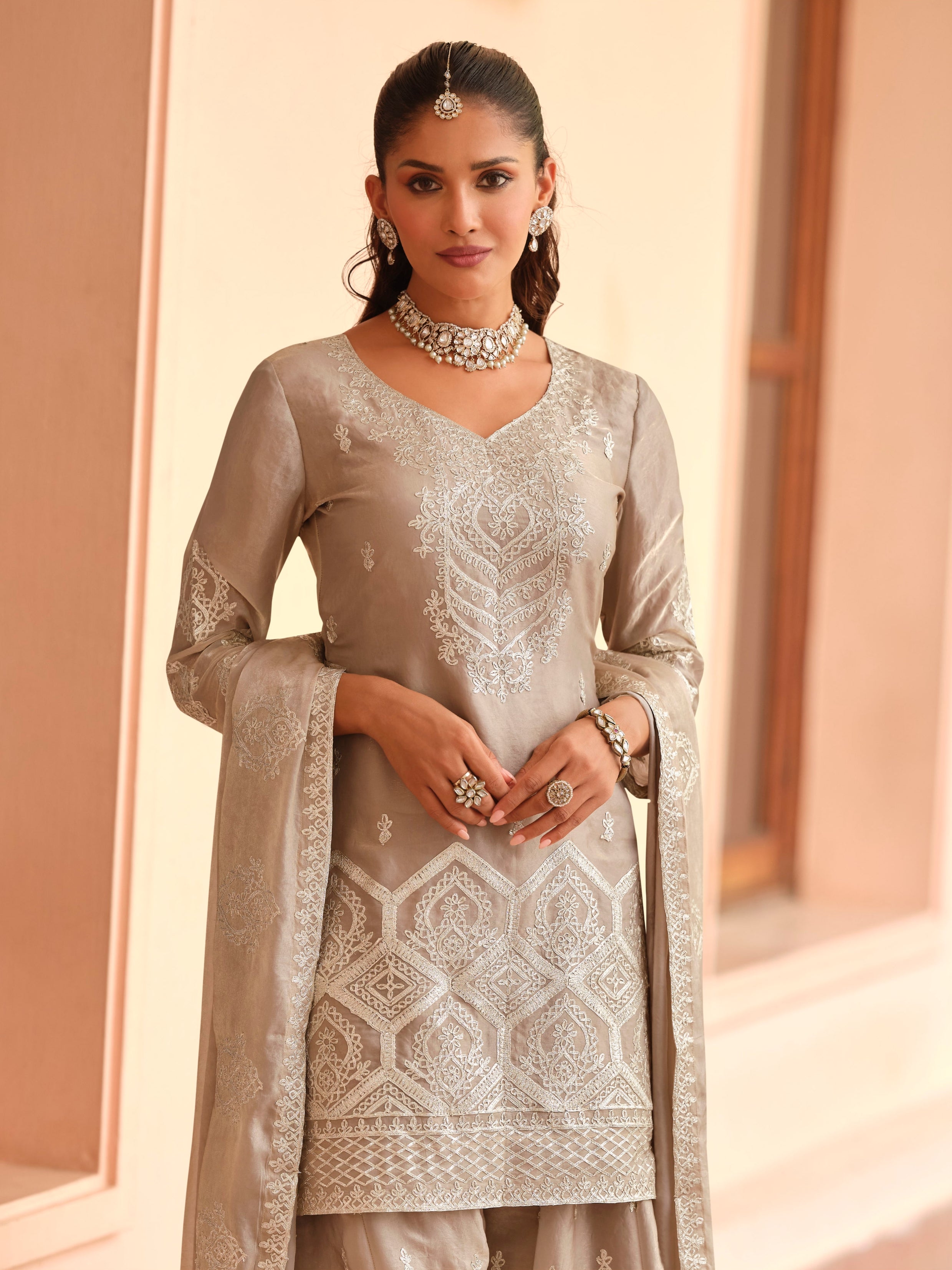 Taupe Embroidered Premium Tora Silk Palazzo Suit with Dupatta
