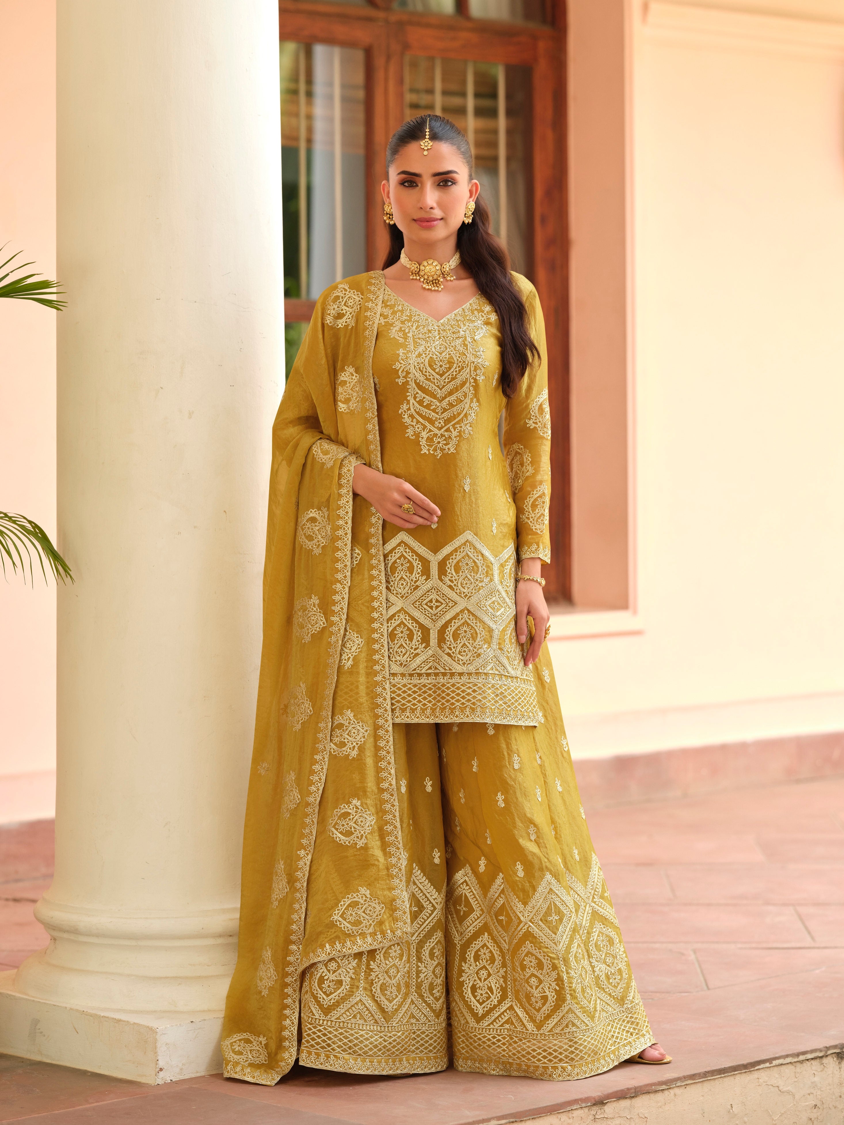 Mustard Yellow Tora Silk Heavy Embroidered Palazzo Suit