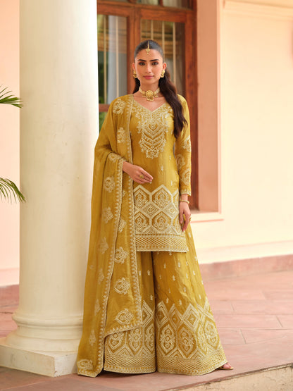 Mustard Yellow Tora Silk Heavy Embroidered Palazzo Suit Palazzo Suit Anant Tex Exports Pvt.Ltd..
