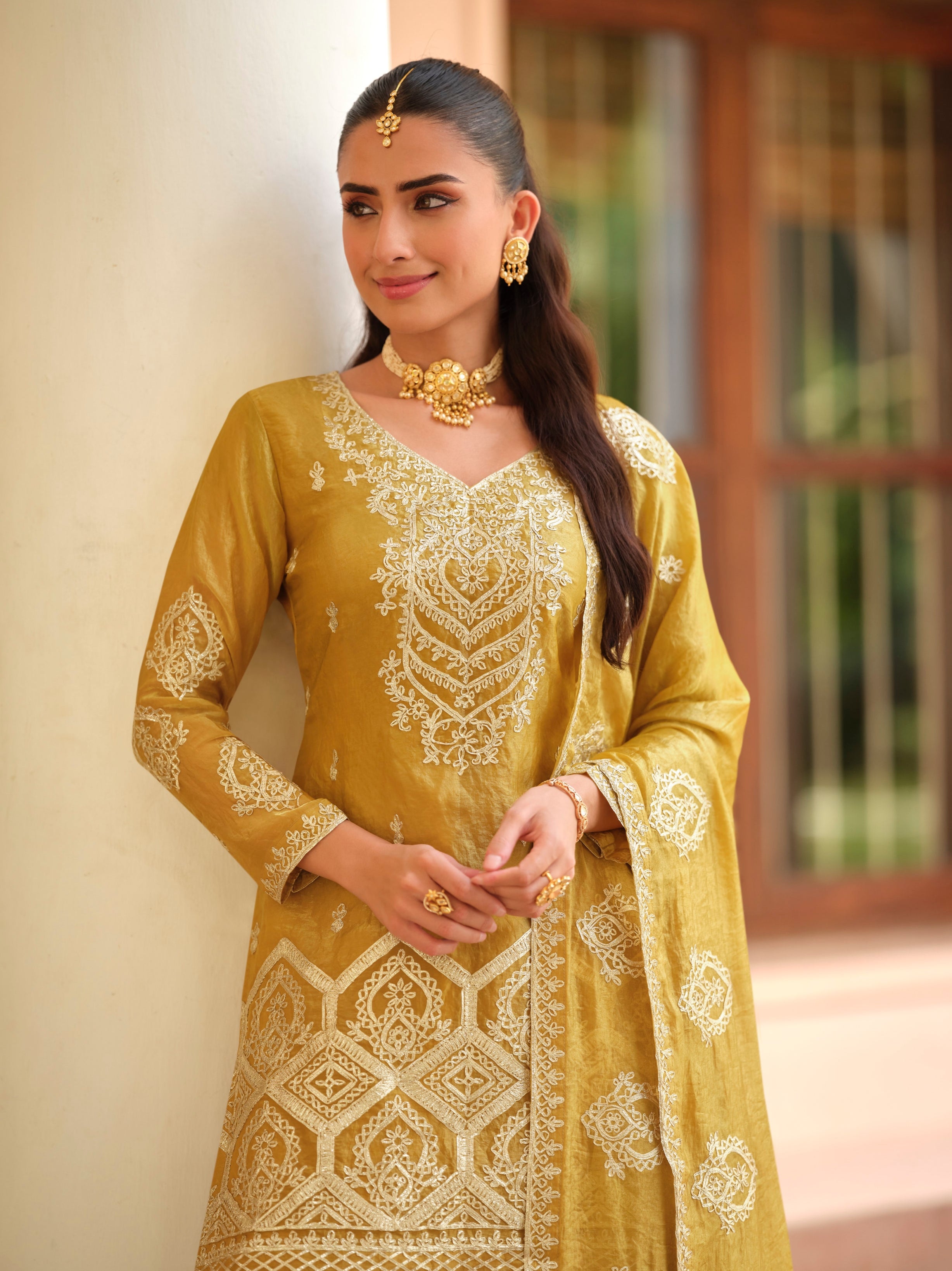 Mustard Yellow Tora Silk Heavy Embroidered Palazzo Suit