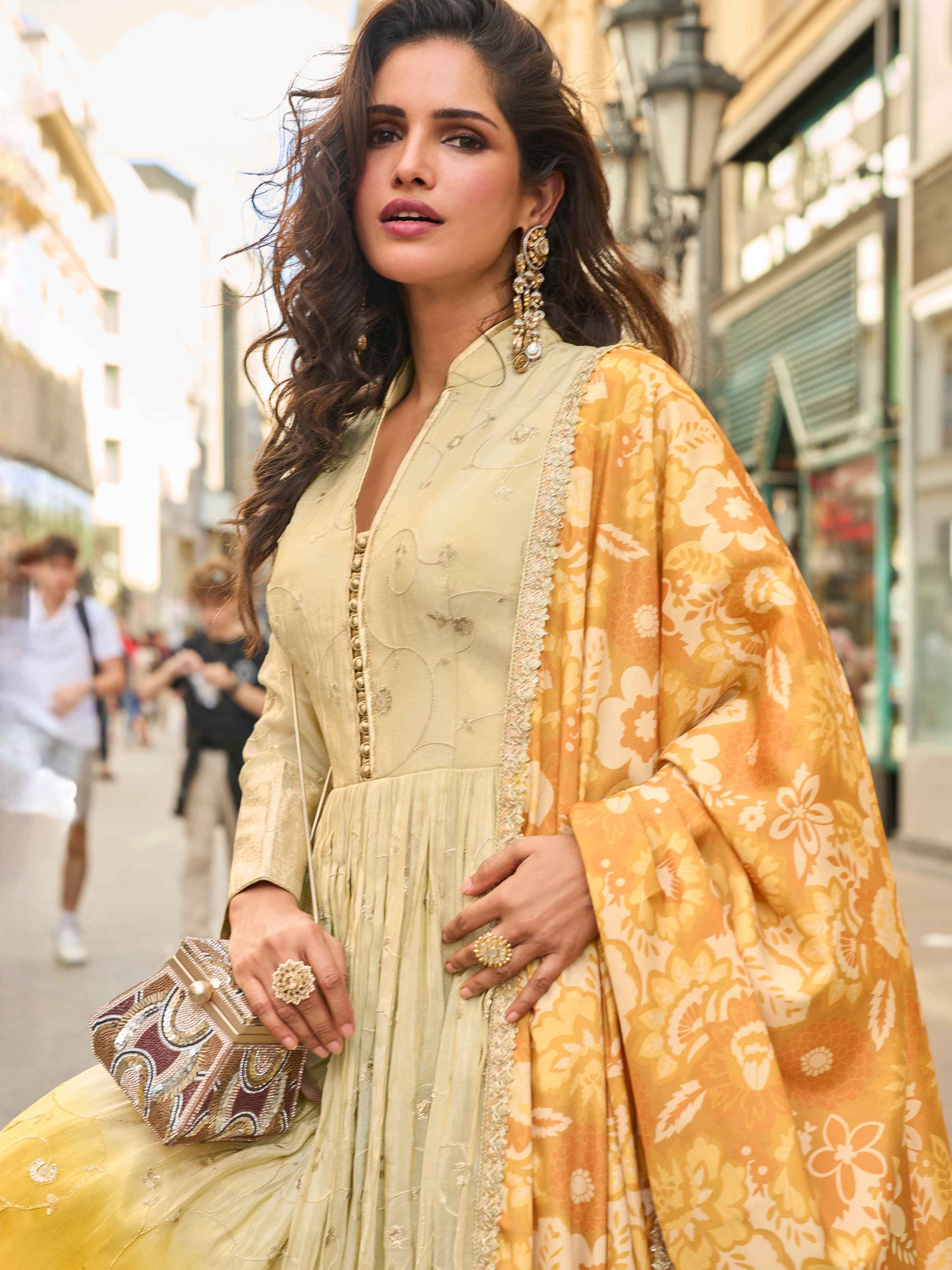 Yellow Ombre Real Simar Silk Embroidered Gown with Digital Dupatta Gown Anant Tex Exports Pvt.Ltd..