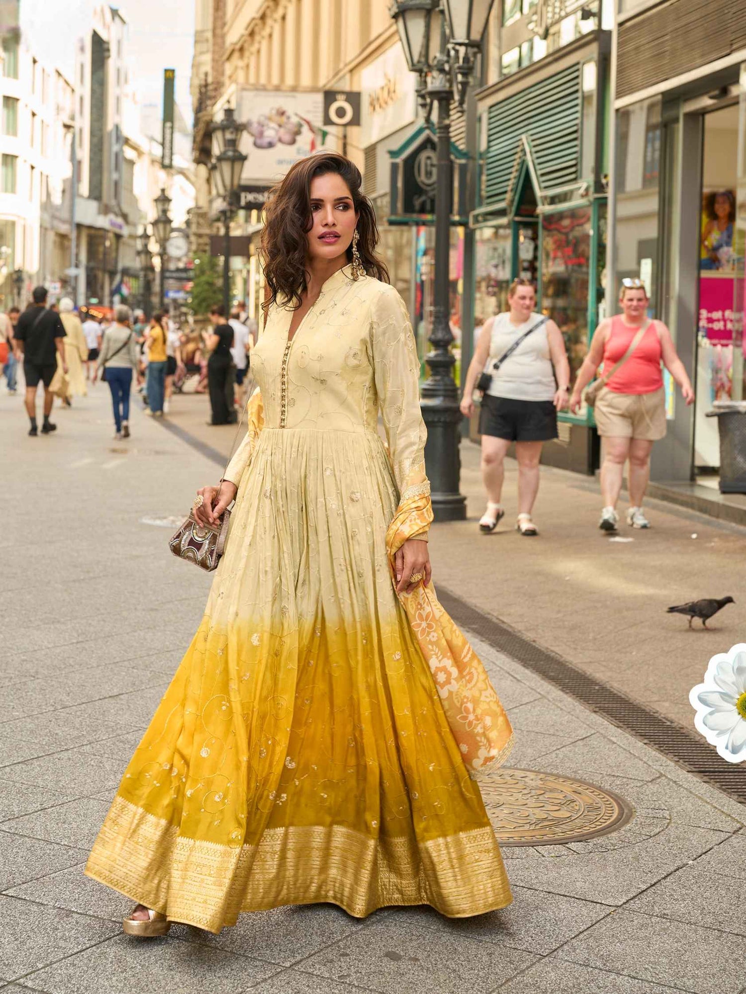 Yellow Ombre Real Simar Silk Embroidered Gown with Digital Dupatta Gown Anant Tex Exports Pvt.Ltd..