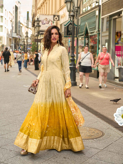Yellow Ombre Real Simar Silk Embroidered Gown with Digital Dupatta Gown Anant Tex Exports Pvt.Ltd..