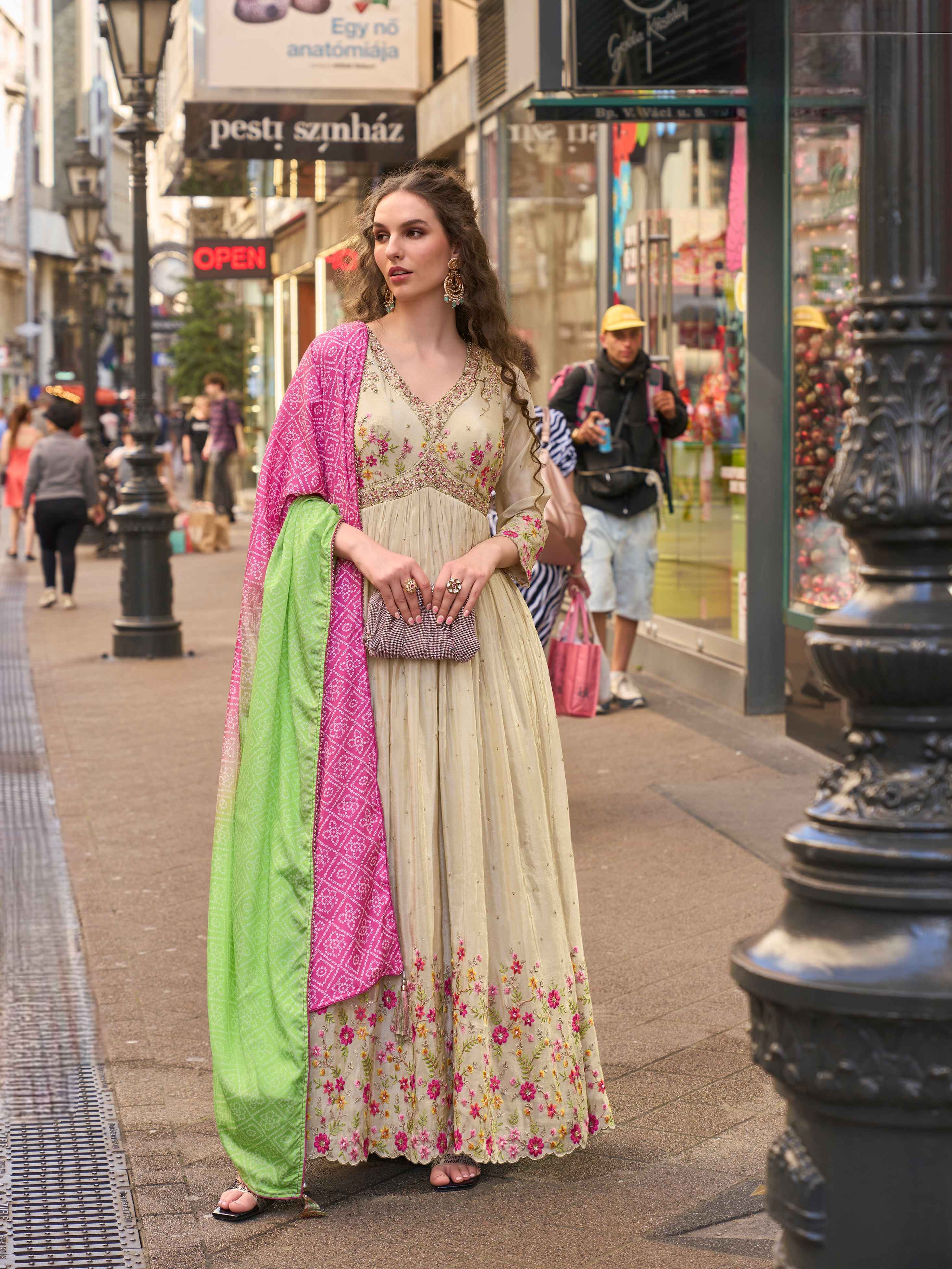 Cream Floral Embellished Gown with Pink-Green Digital Dupatta