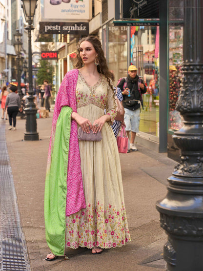 Cream Floral Embellished Gown with Pink-Green Digital Dupatta Gown Anant Tex Exports Pvt.Ltd..