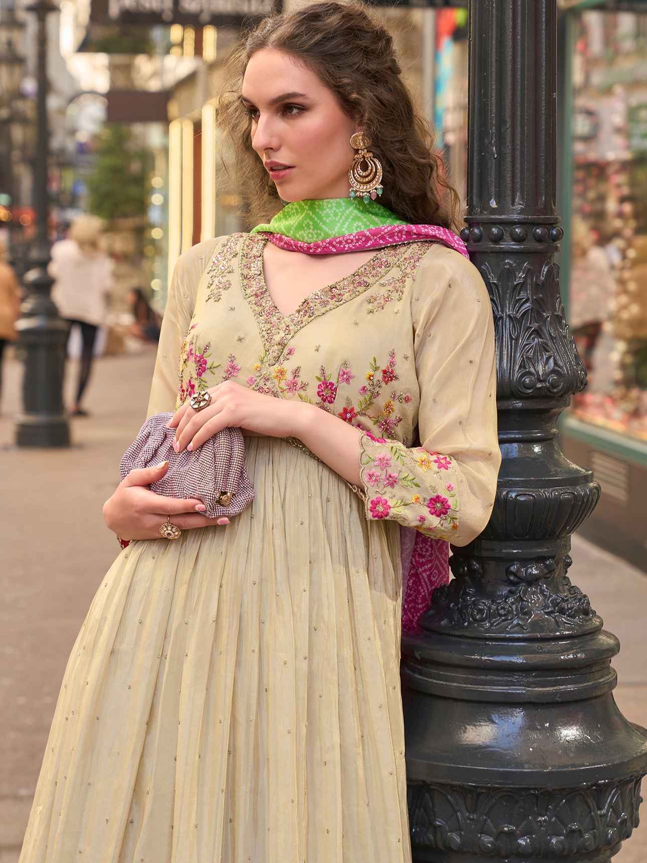 Cream Floral Embellished Gown with Pink-Green Digital Dupatta