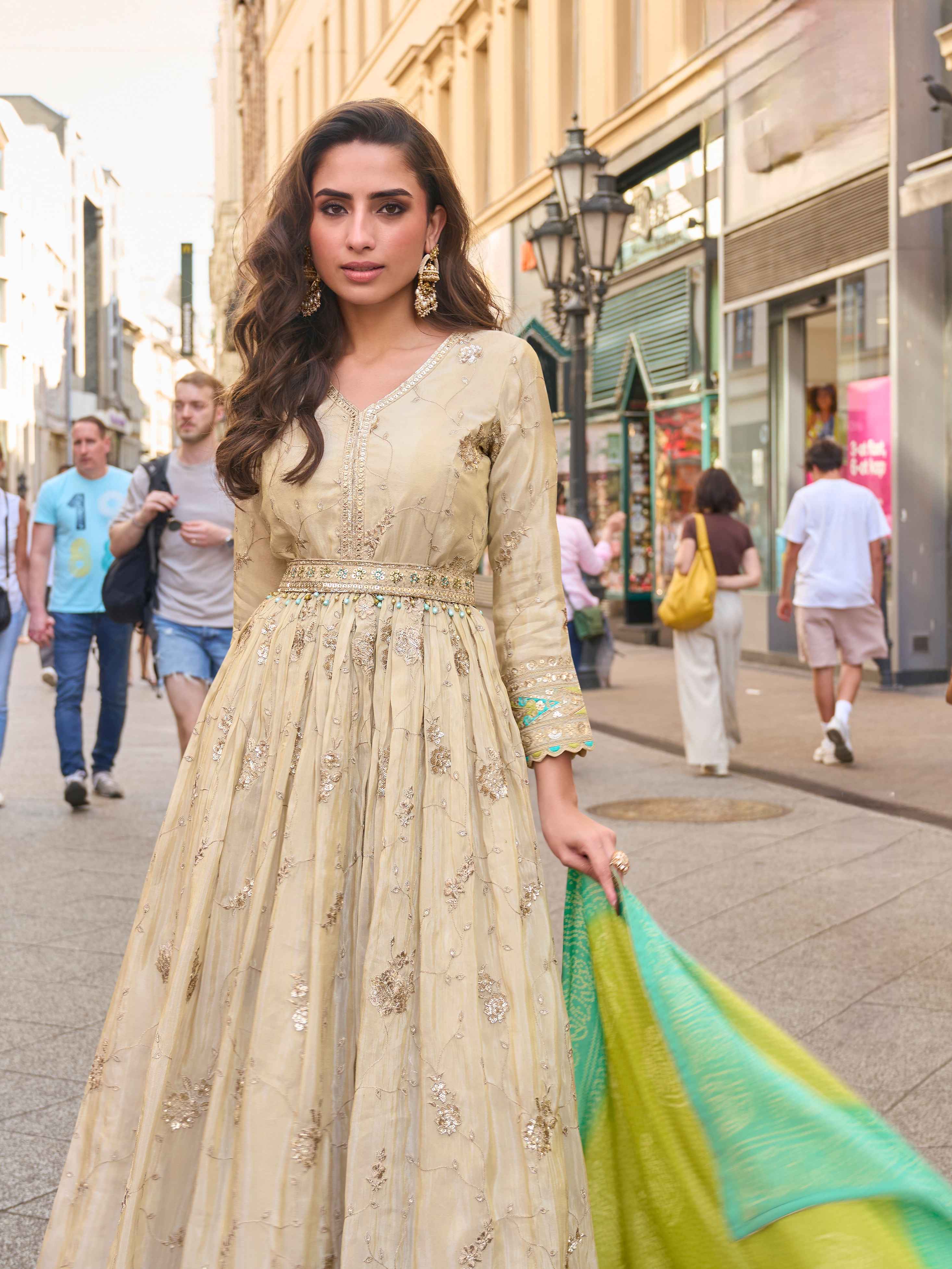 Gold Cream Real Simar Silk Heavy Embroidered Gown Gown Anant Tex Exports Pvt.Ltd..
