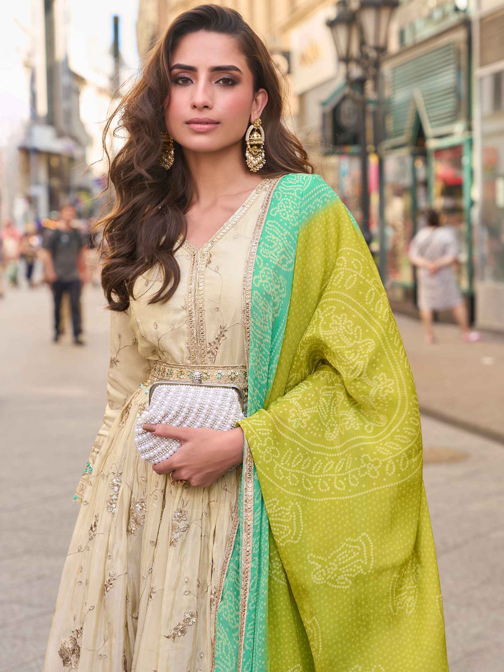 Gold Cream Real Simar Silk Heavy Embroidered Gown Gown Anant Tex Exports Pvt.Ltd..